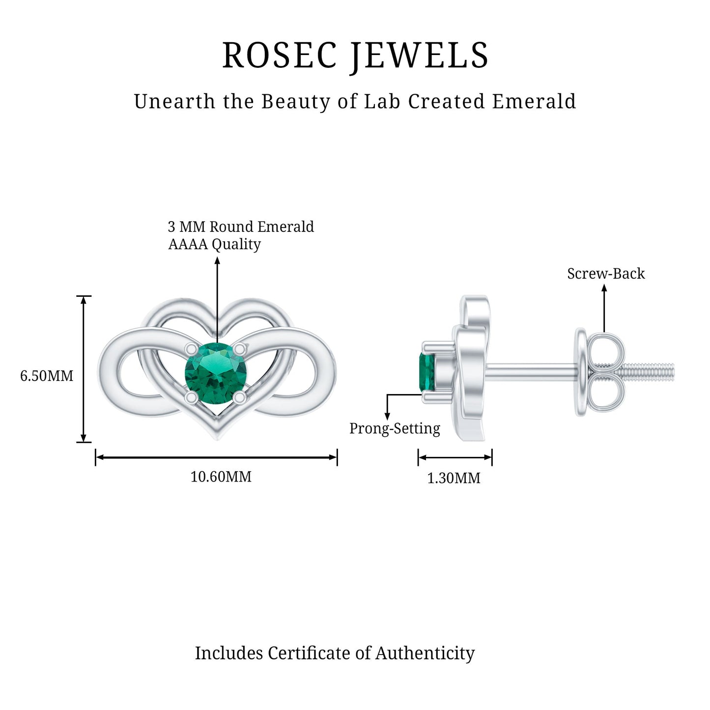 Lab Grown Emerald Infinity Heart Stud Earrings