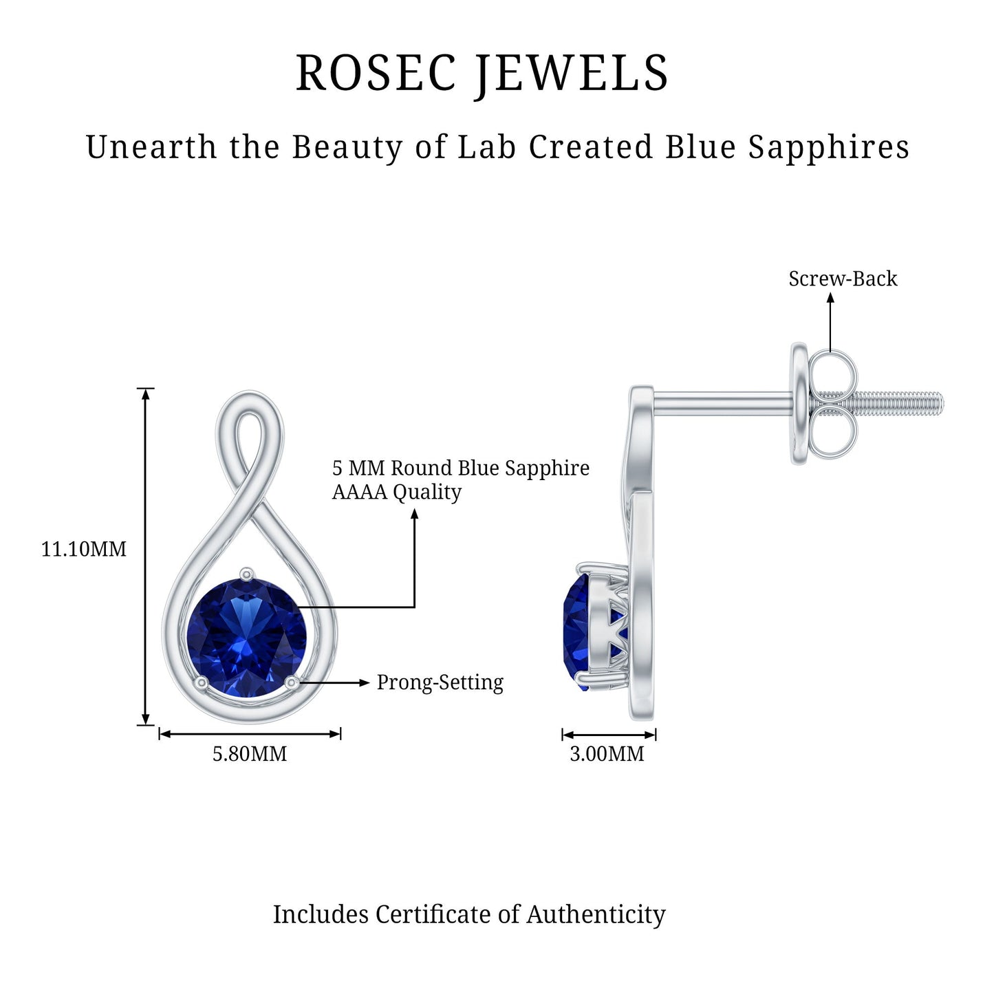 Solitaire Created Blue Sapphire Infinity Stud Earrings