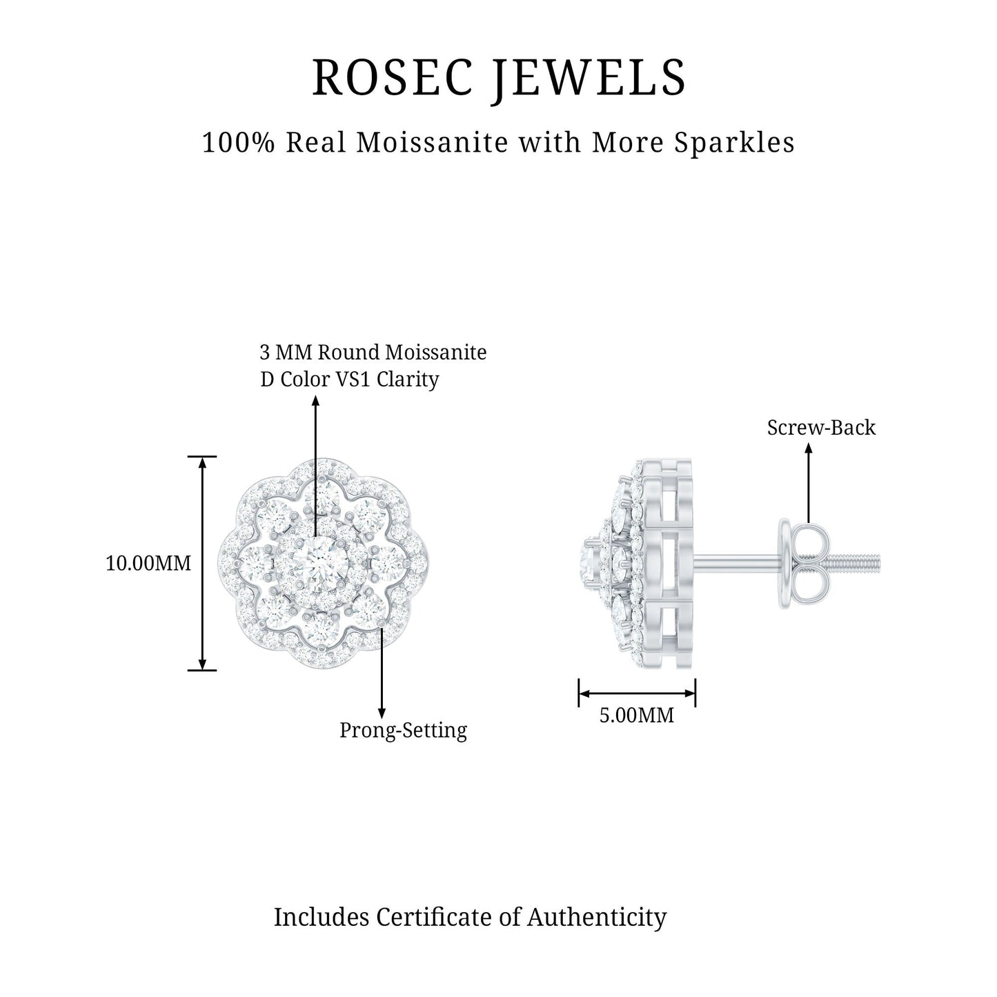 Certified Moissanite Big Flower Stud Earrings