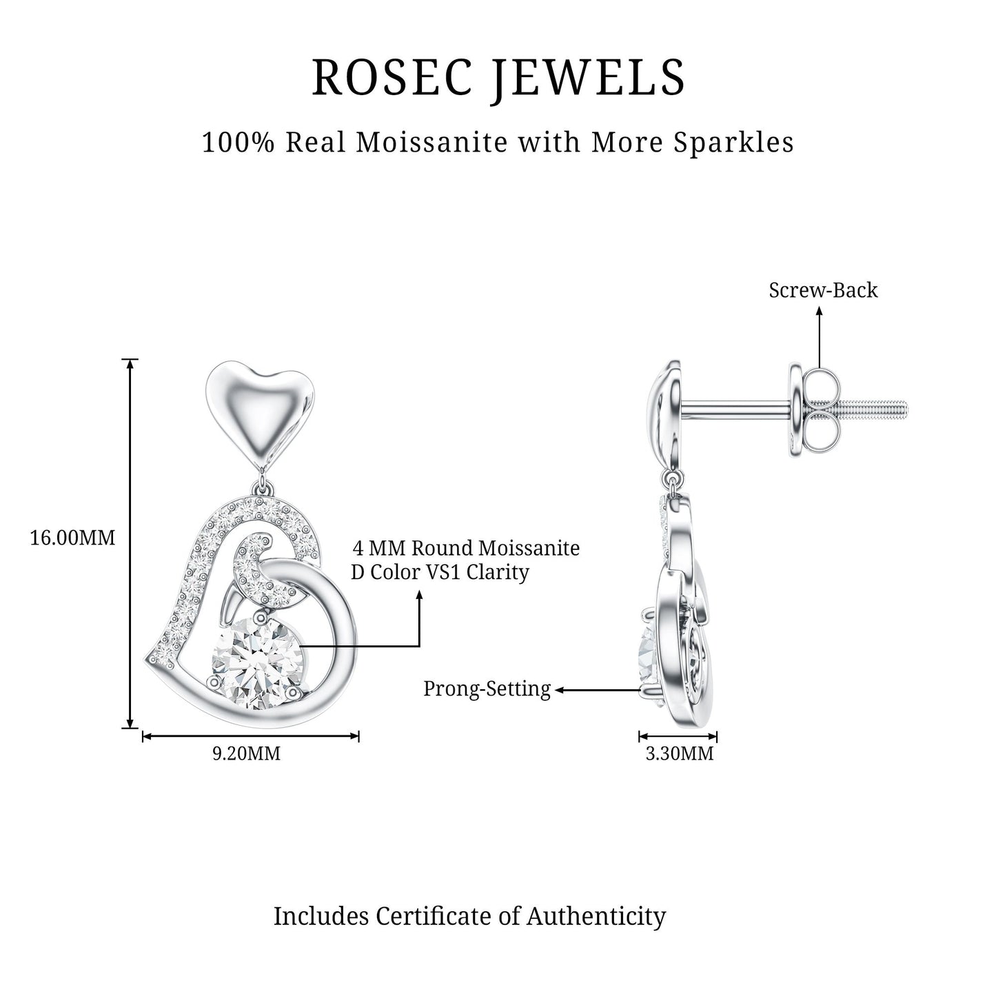 0.6 Carat Moissanite Heart Drop Earrings for Women
