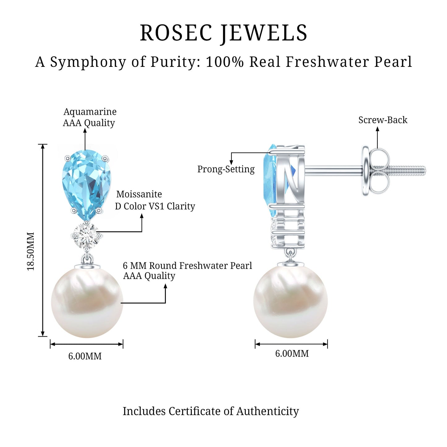 Handpicked Pearl Drop Earrings with Aquamarine and Moissanite