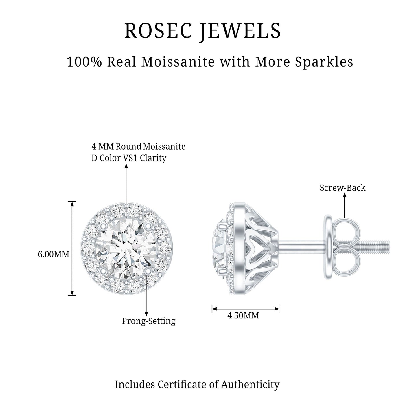 Certified Round Moissanite Halo Stud Earrings