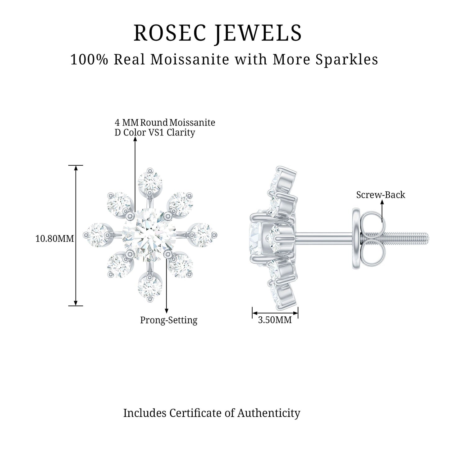 Moissanite Snowflake Stud Earrings with Certificate