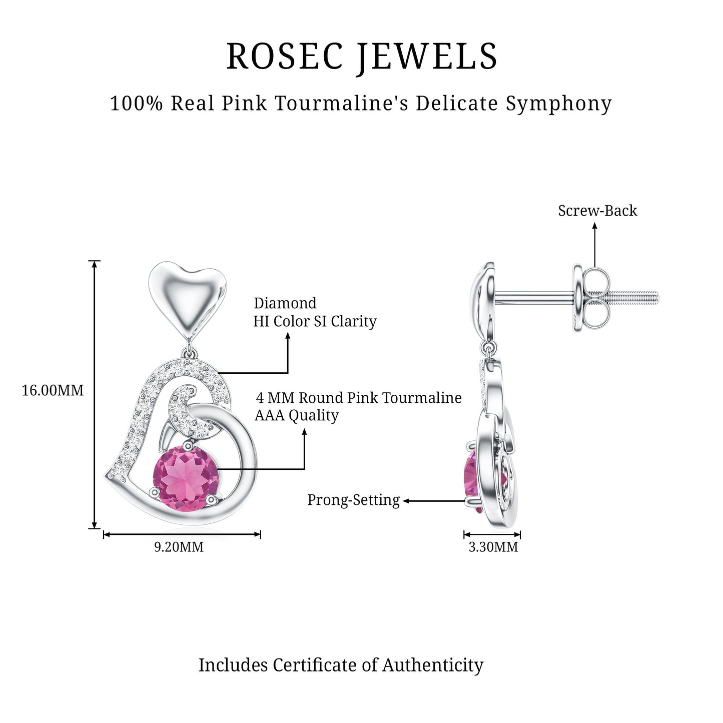 Real Pink Tourmaline and Diamond Heart Drop Earrings
