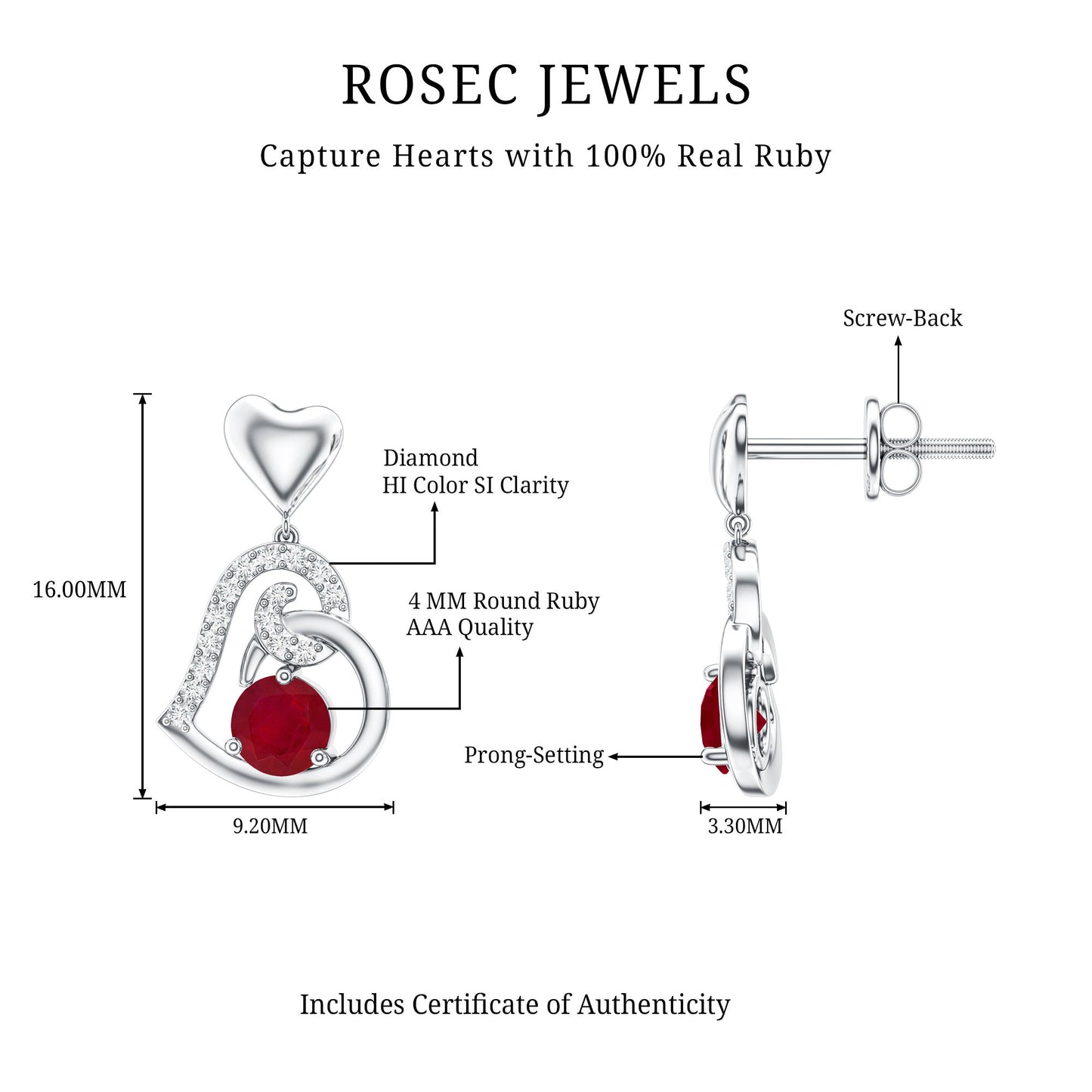 Round Ruby Heart Drop Earring with Diamond Accent