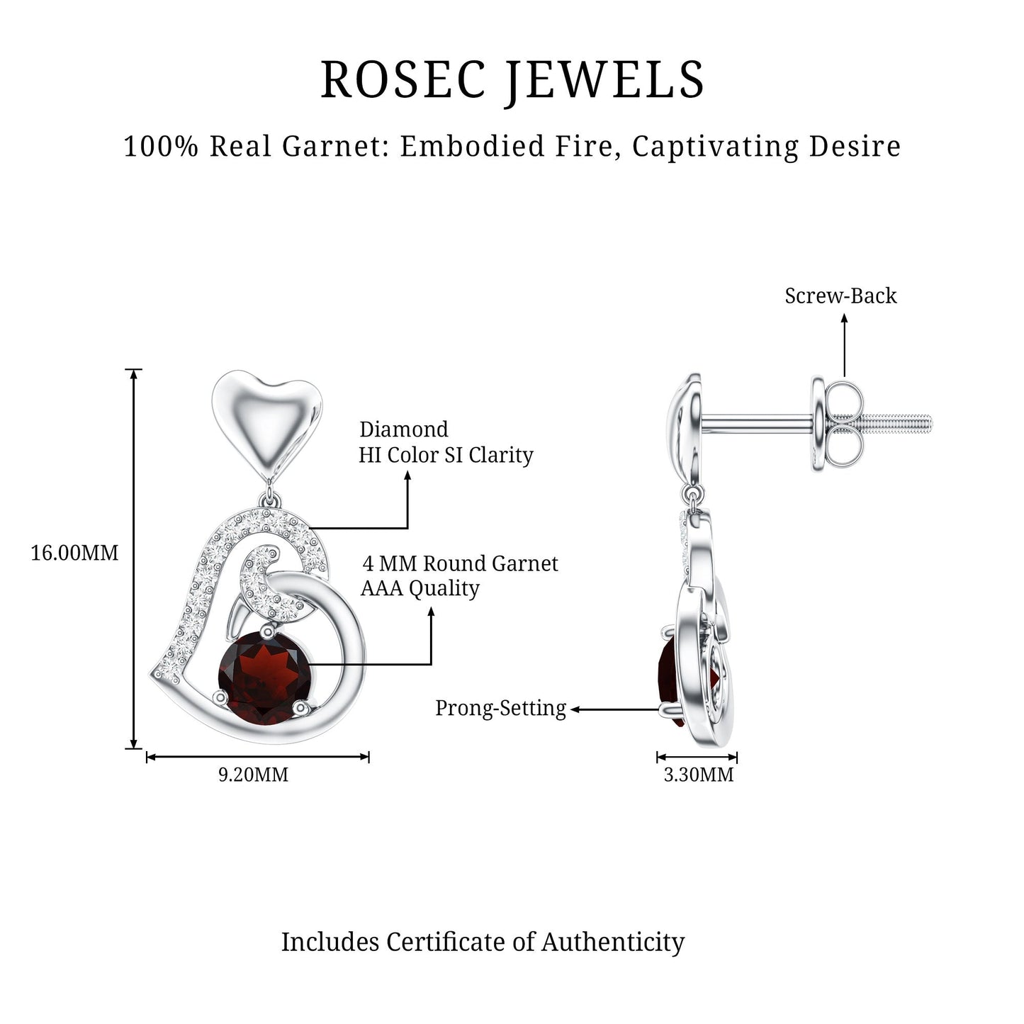 Garnet Heart Drop Earrings with Diamond Accent