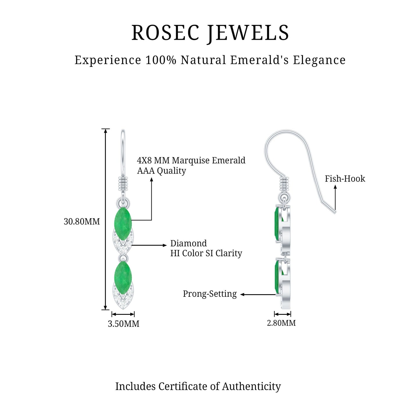 Marquise Cut Emerald Dangle Earrings with Diamond