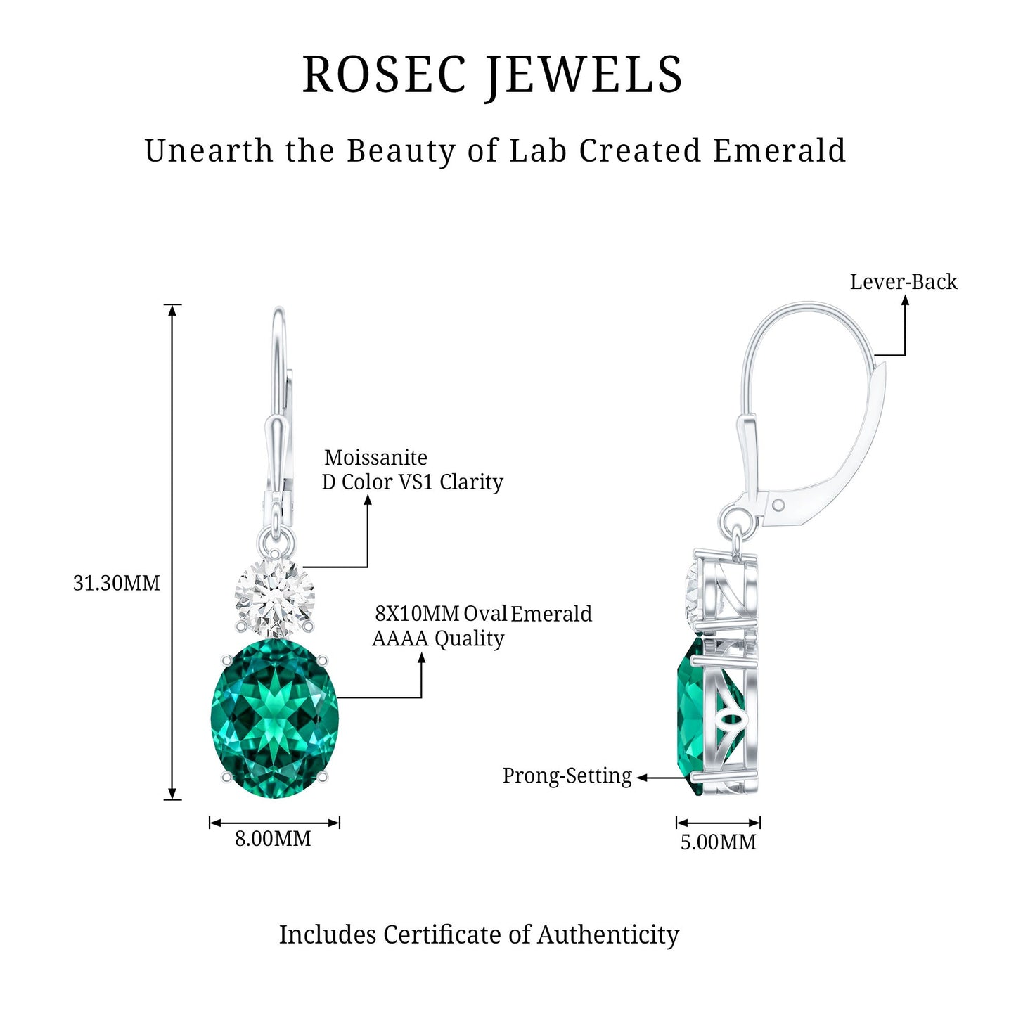 Lab Grown Emerald Oval Drop Earrings With Moissanite