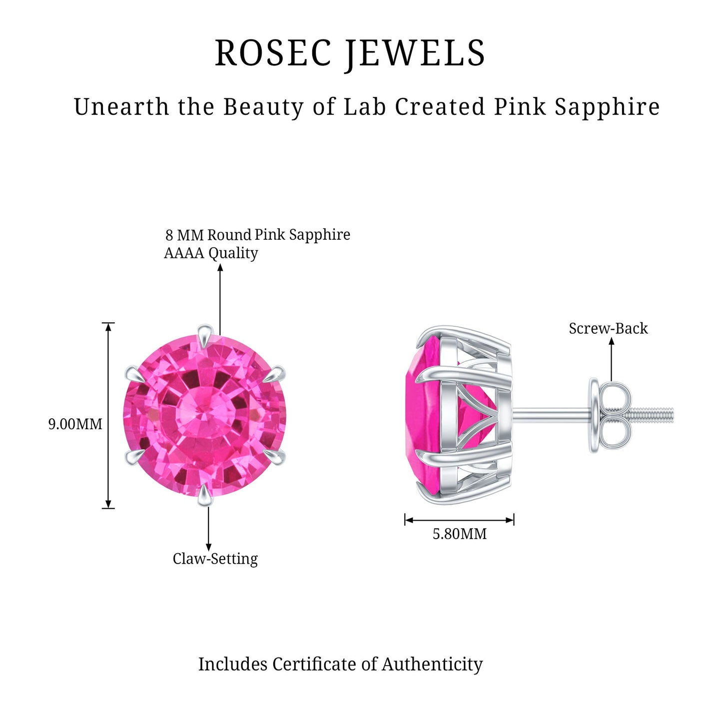 Certified 4.5 Carat Round Lab Created Pink Sapphire Stud Earrings