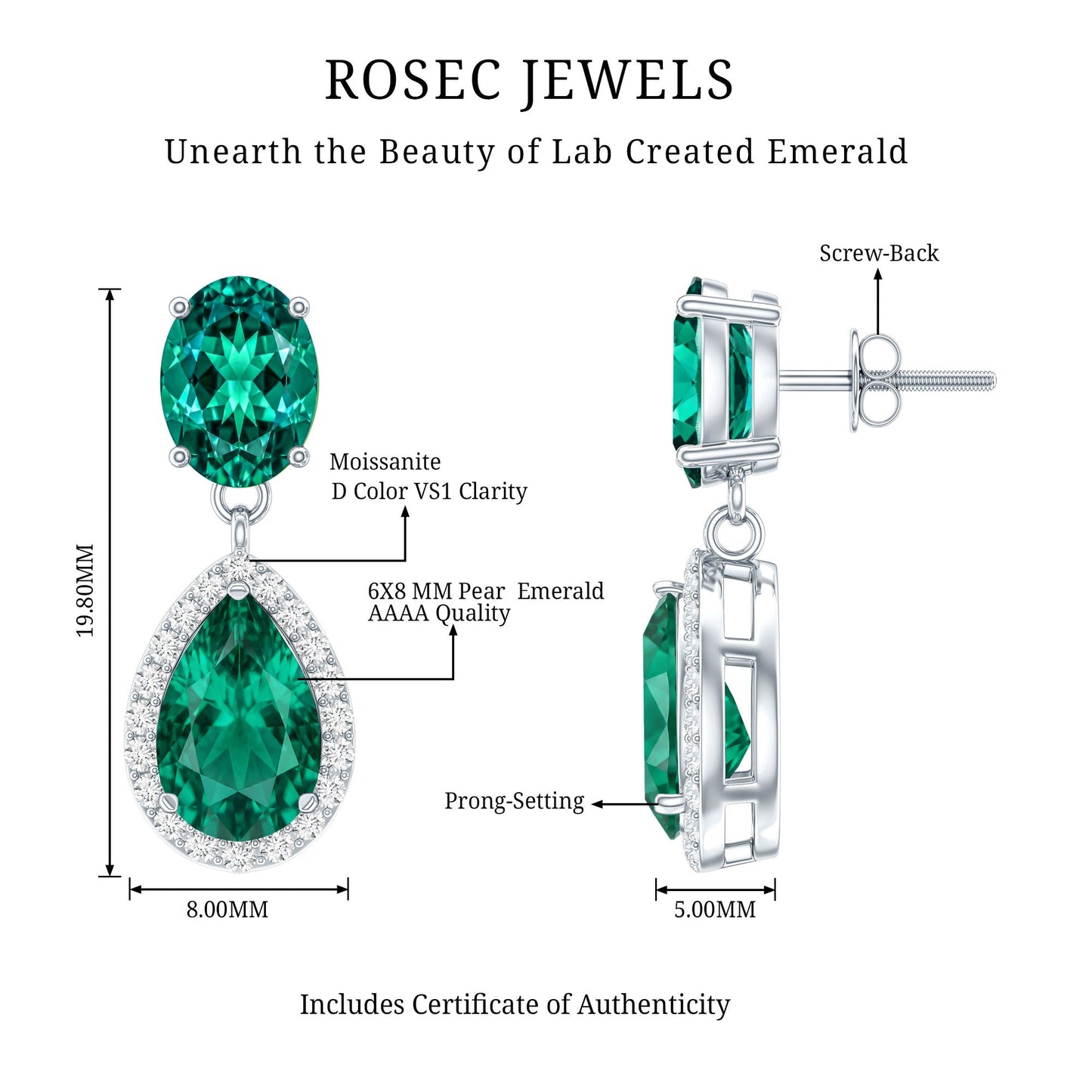Lab Created Emerald Classic Dangle Earrings with Moissanite