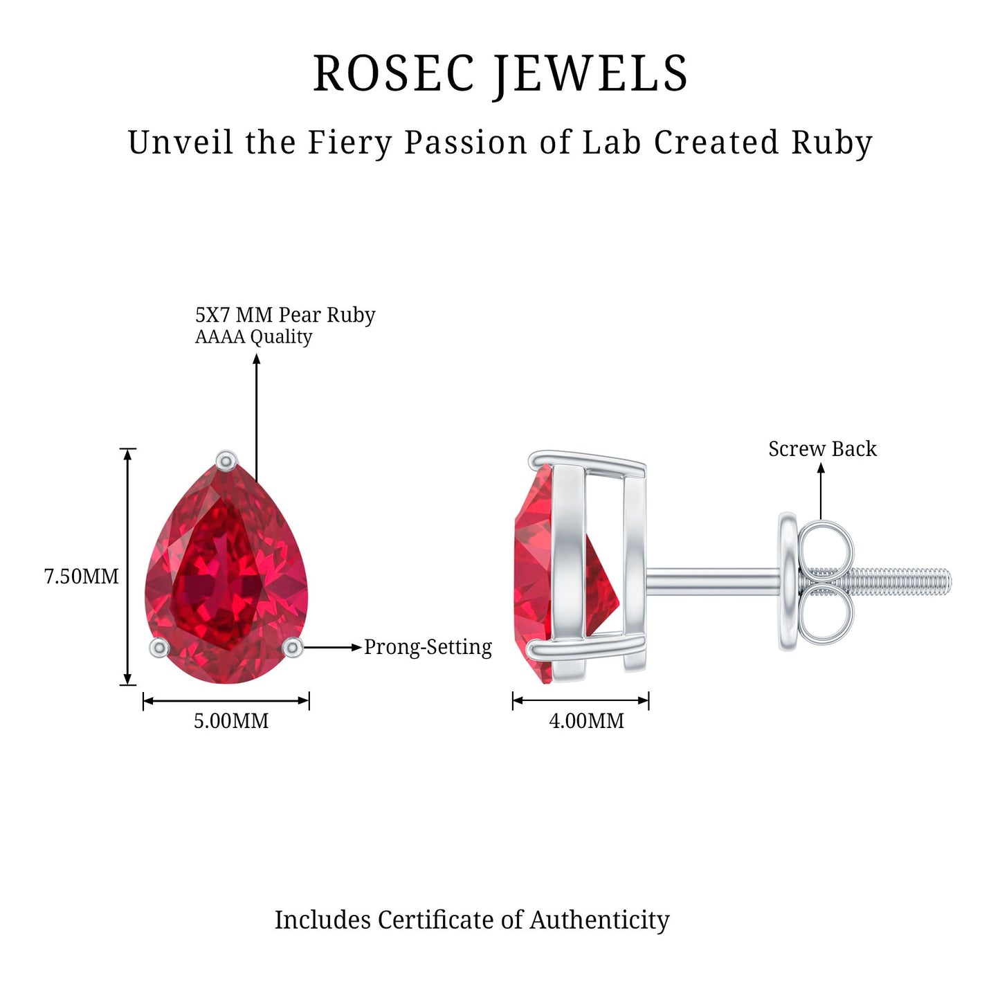Solitaire 1.5 Carat Pear Shaped Lab Created Ruby Stud Earrings