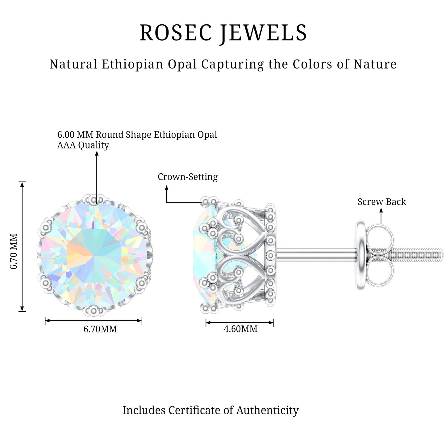 Natural Ethiopian Opal Crown Stud Earrings with Screw Back