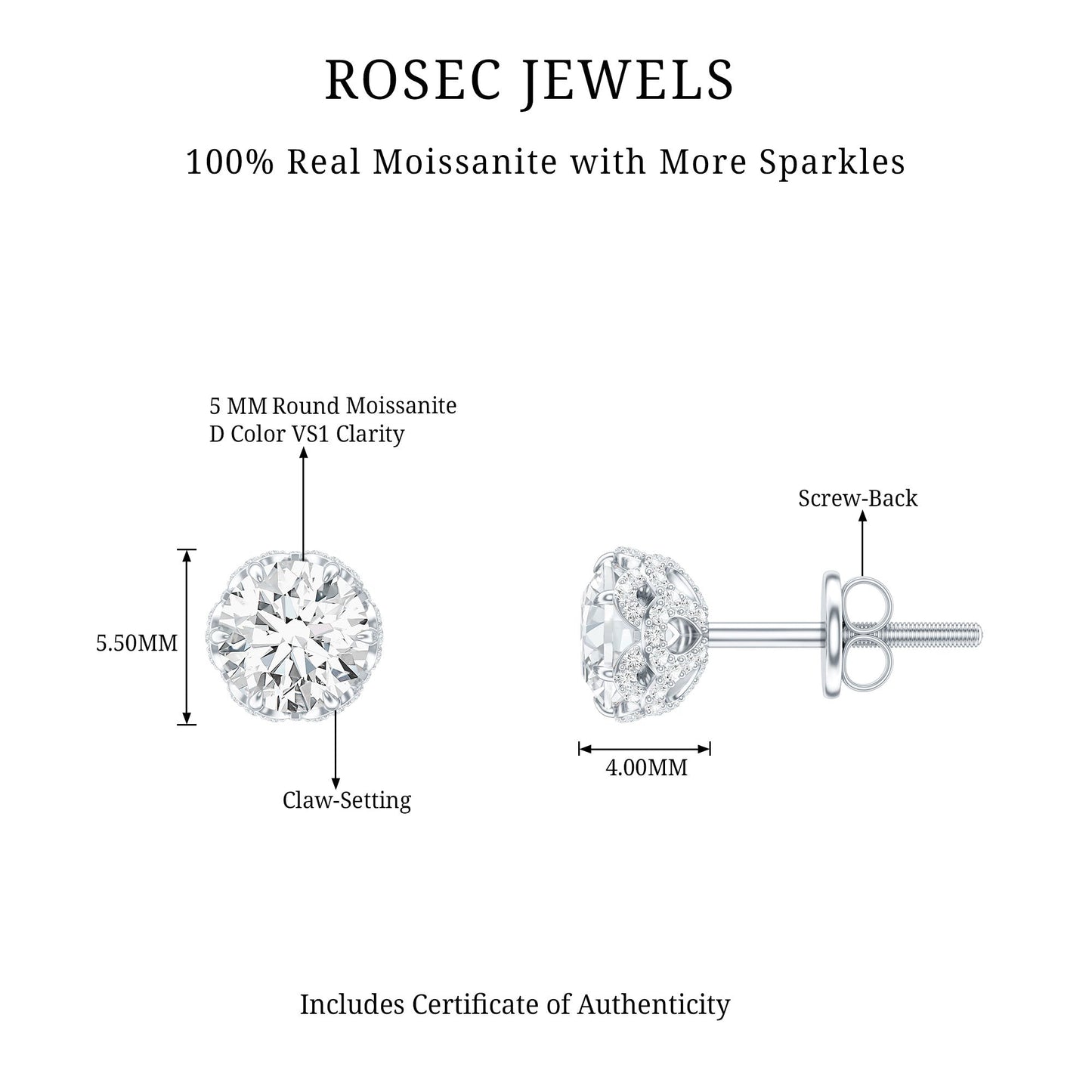 Designer 1 Carat Moissanite Stud Earrings with Screw Back