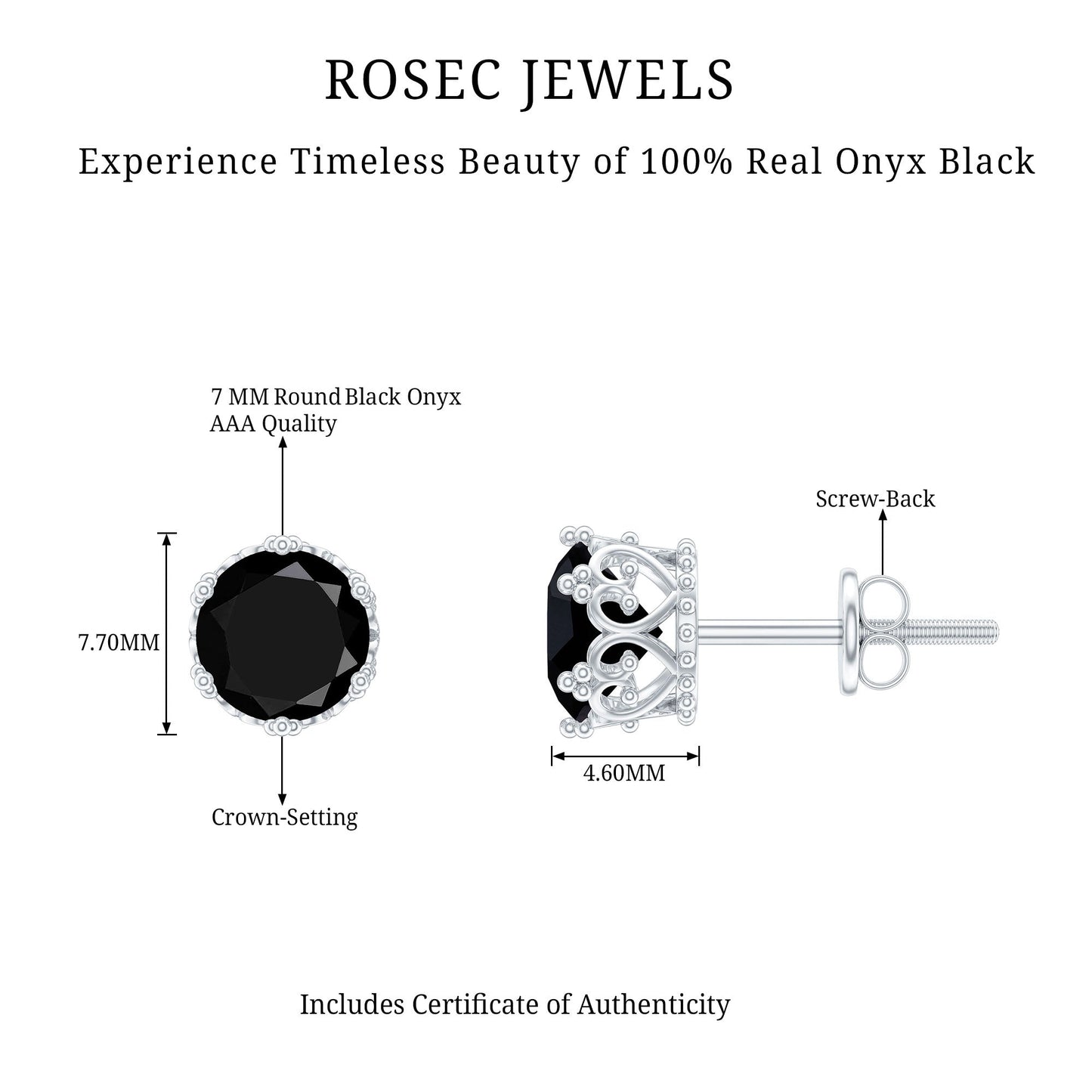 Genuine Black Onyx Crown Stud Earrings with Screw Back