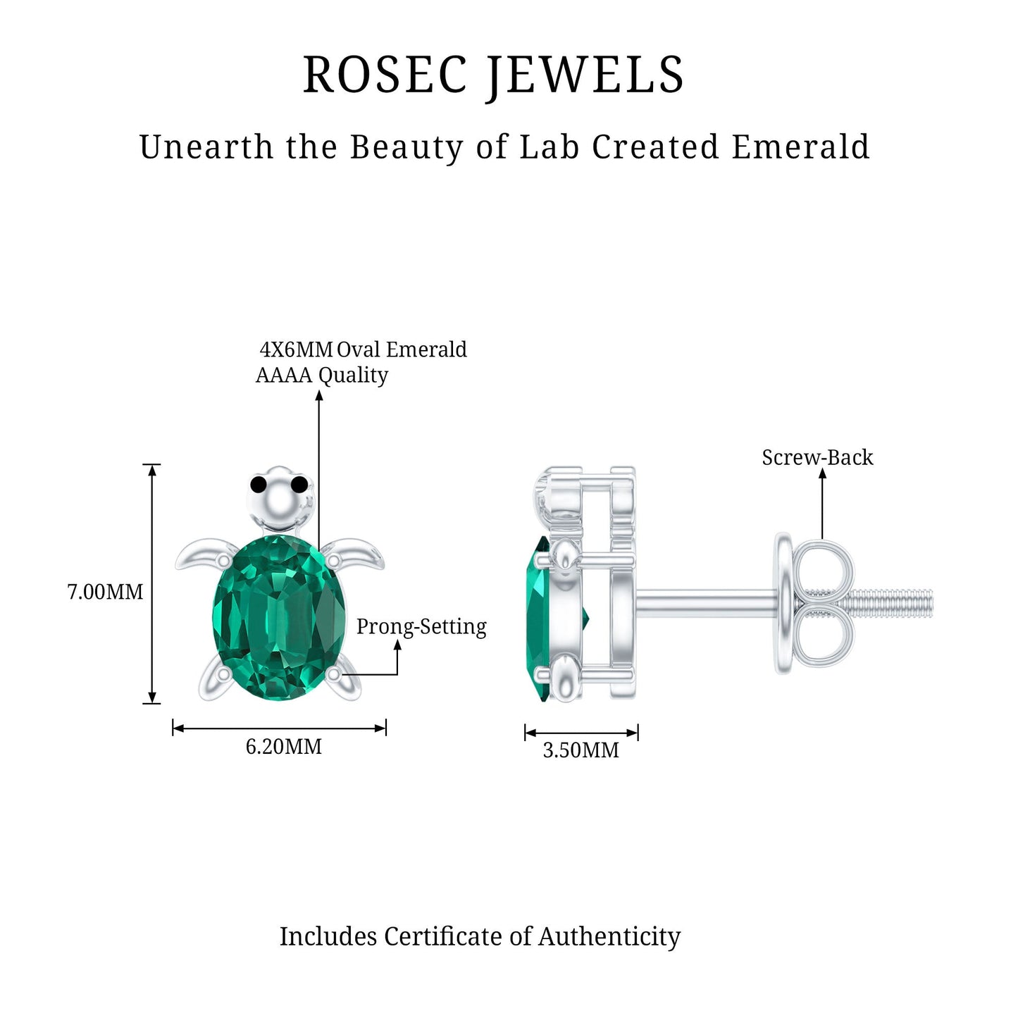 1 Carat Oval Shape Lab Created Emerald Cute Turtle Stud Earrings