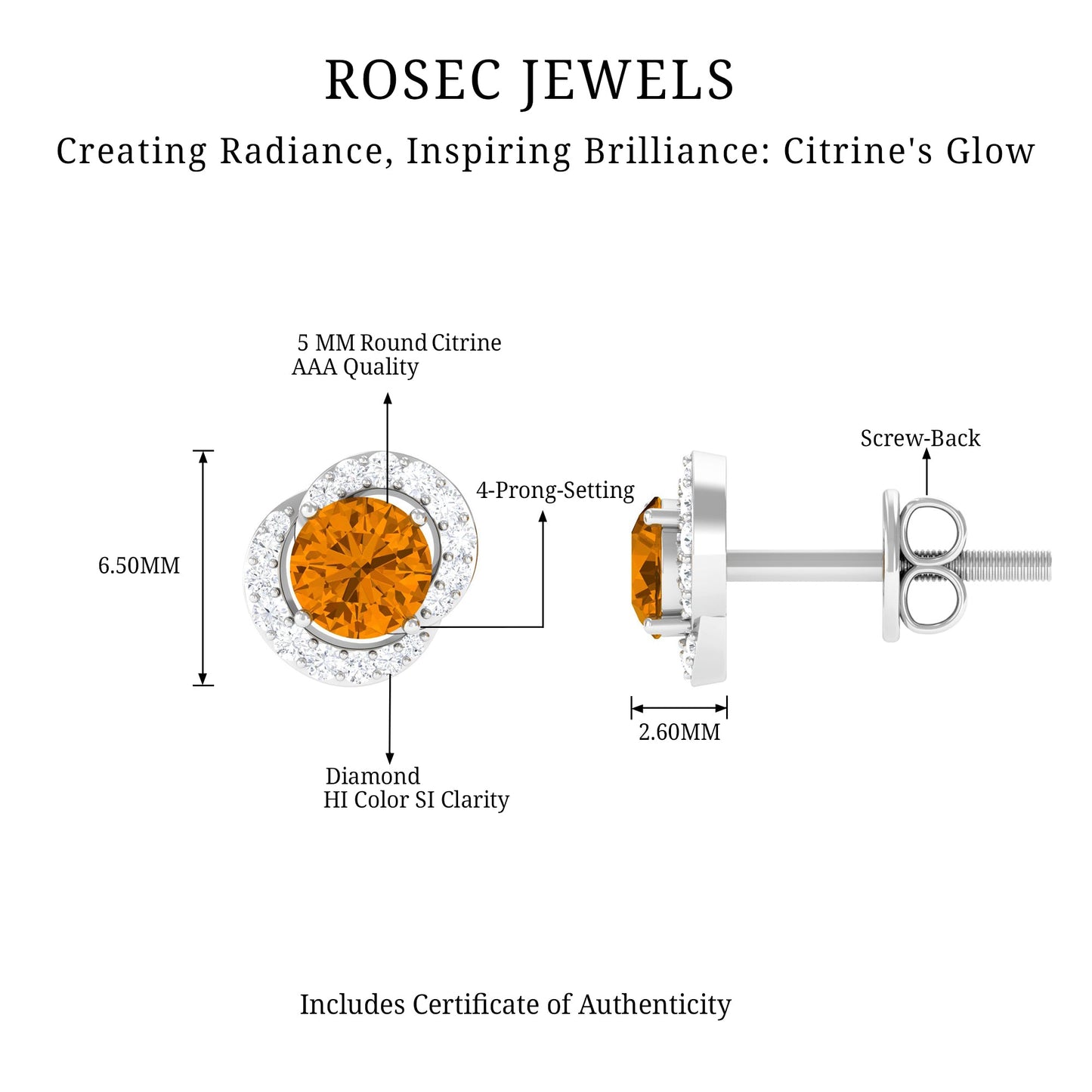 Round Citrine and Diamond Stud Earrings