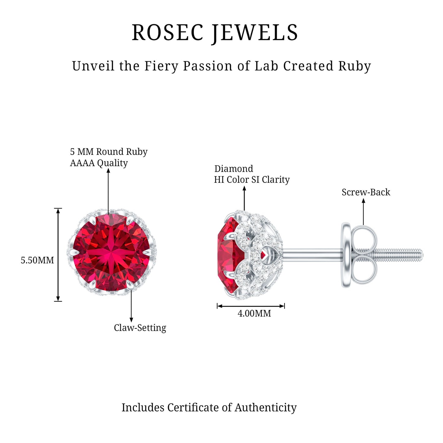 Certified Lab Grown Ruby Wedding Stud Earrings with Diamonds