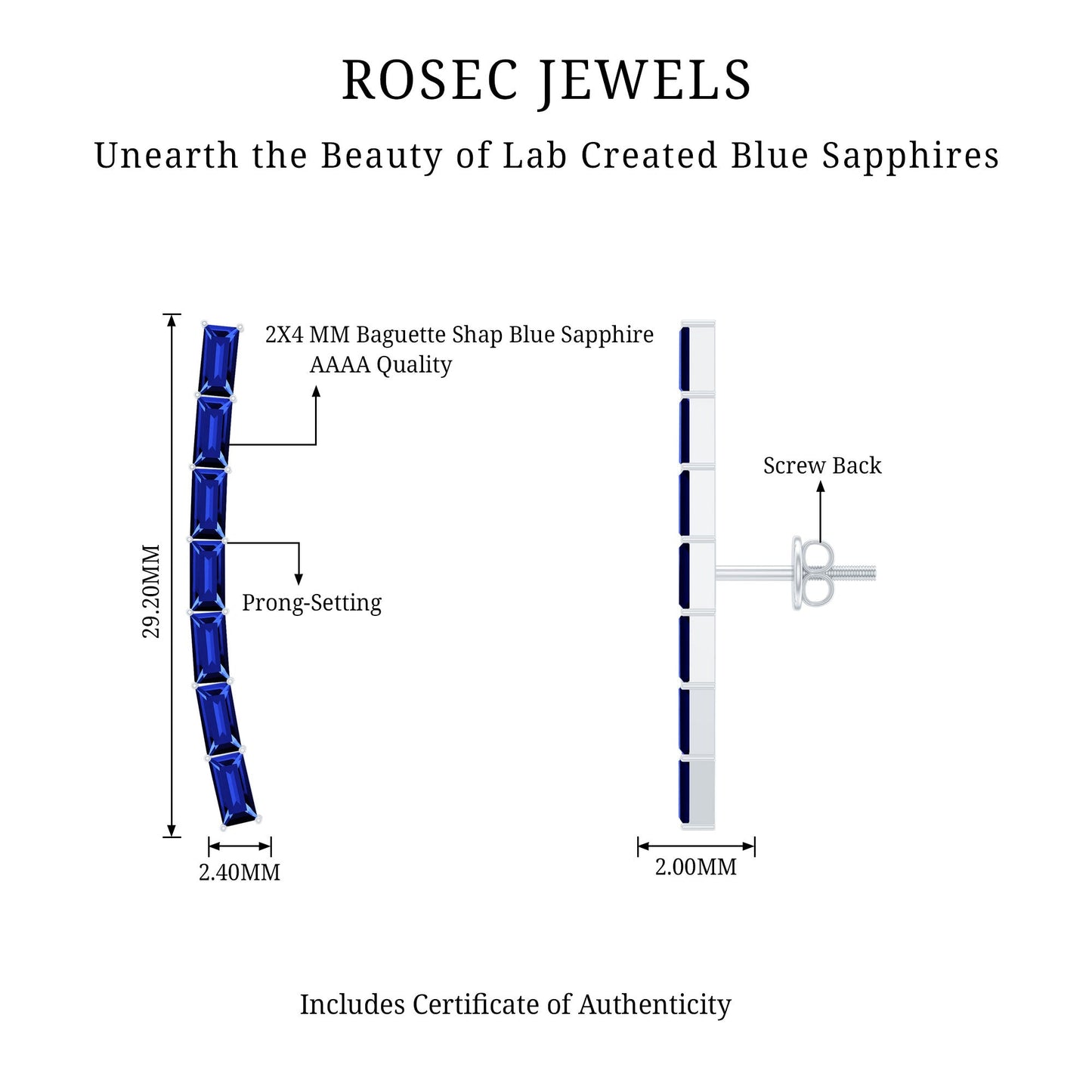 Baguette Cut Lab Grown Blue Sapphire Climber Earrings