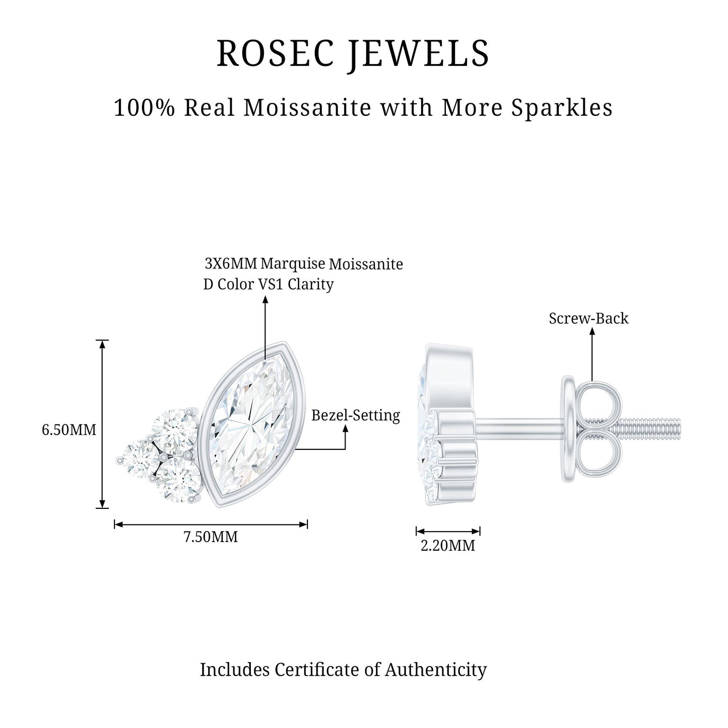 Marquise Shape Moissanite Stud Earrings with Screw Back