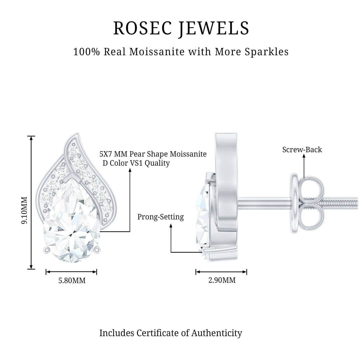 Classic 1.5 Carat Moissanite Stud Earrings with Screw Back