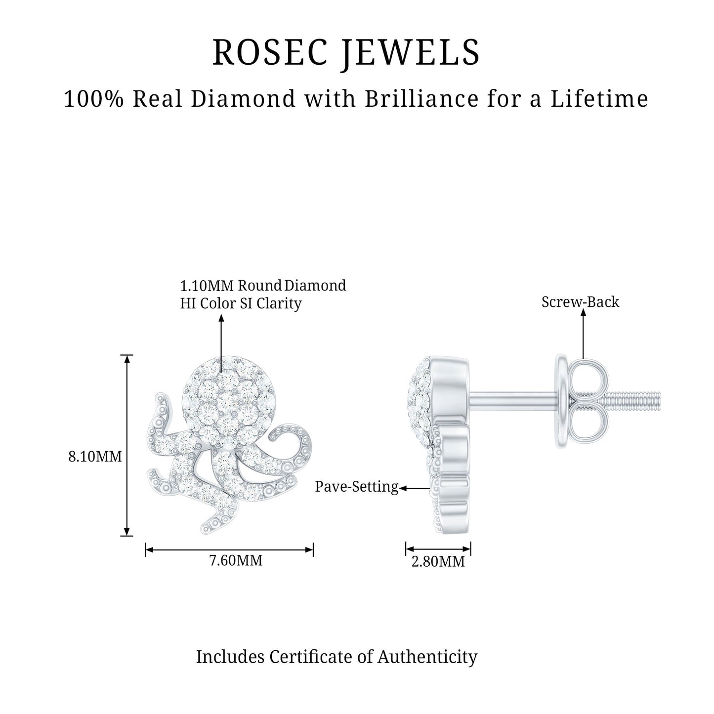 Real Diamond Octopus Stud Earrings for Women