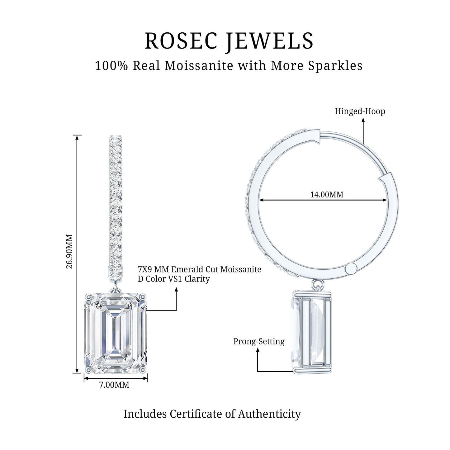 Certified 5.6 Carat Emerald Cut Moissanite Drop Hoop Earrings