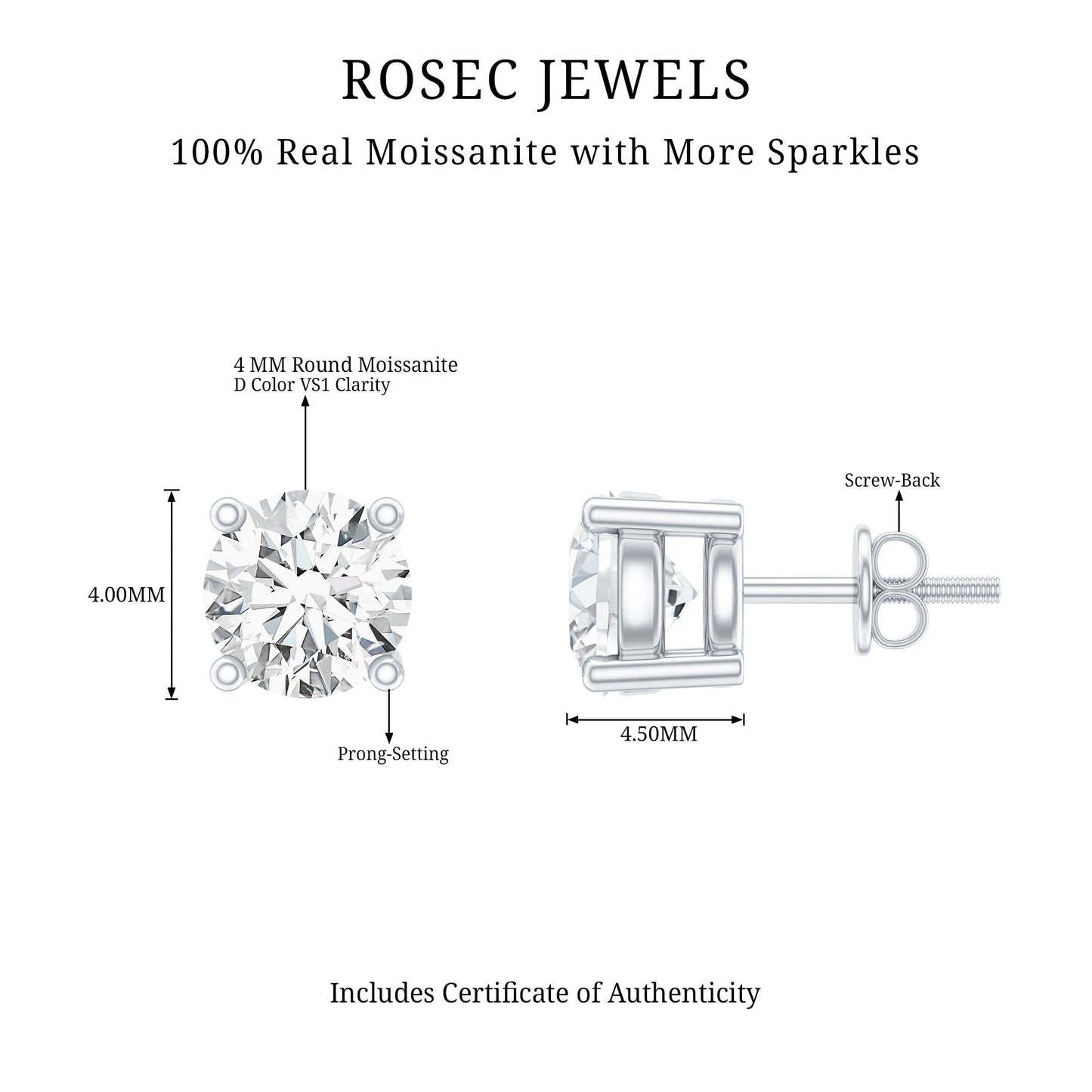 Round Moissanite Solitaire Stud Earrings in Prong Setting