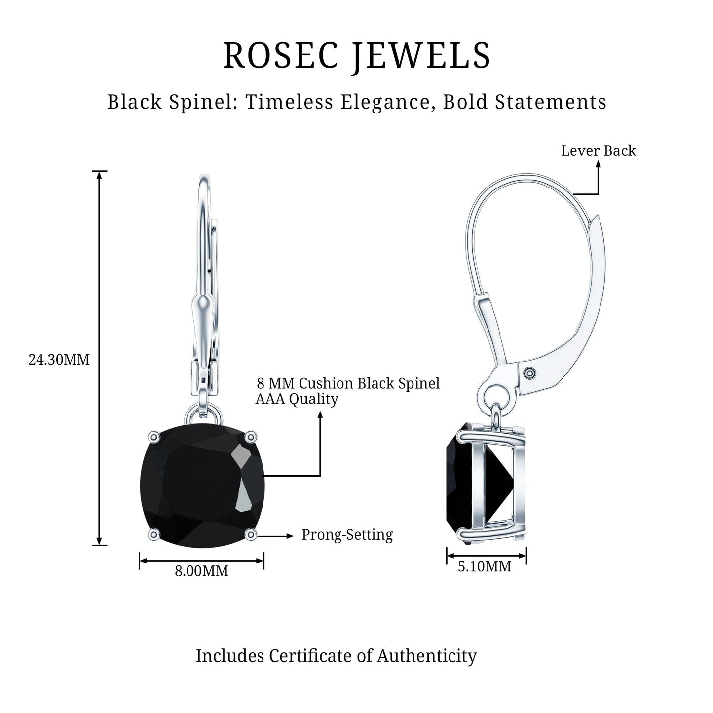 Genuine 4.2 Carat Cushion Cut Black Spinel Drop Earrings Lever Back