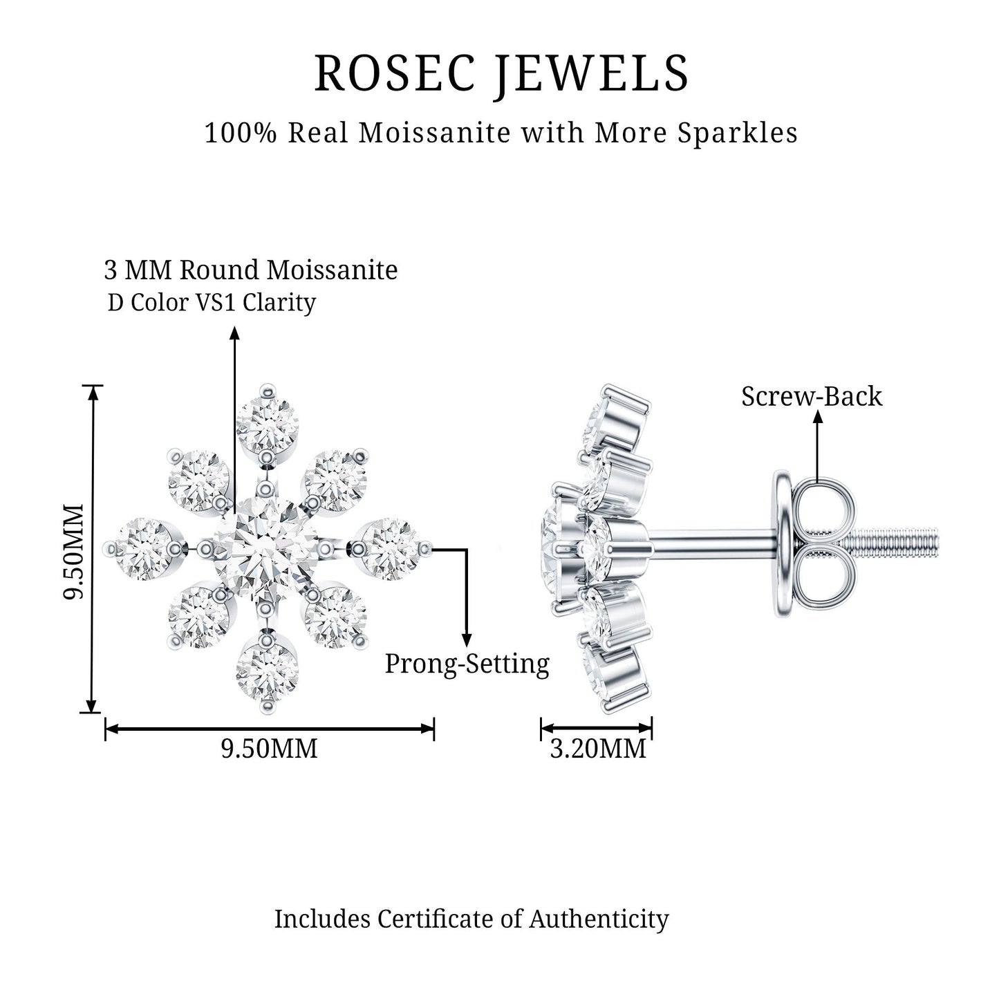 Certified Moissanite Floral Stud Earrings for Women