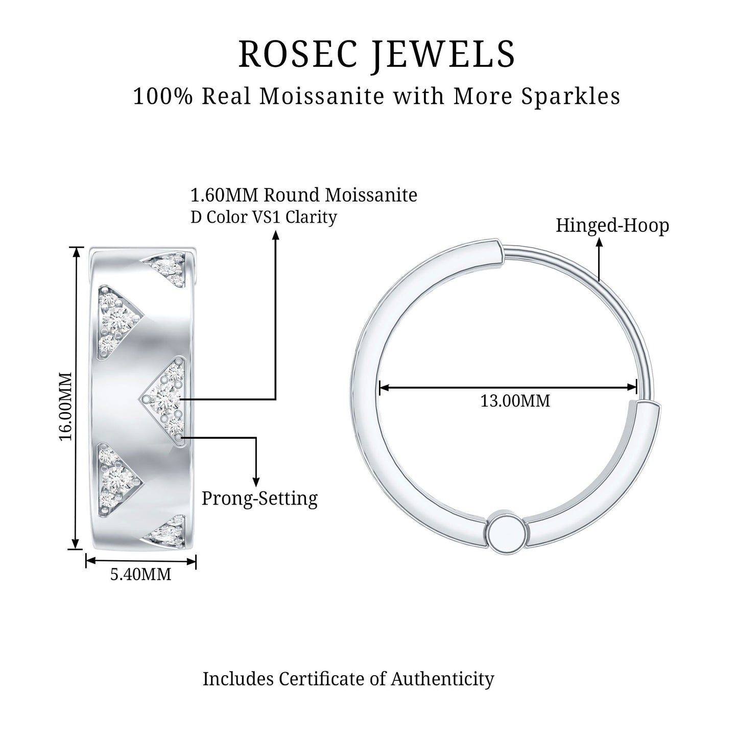 Certified Moissanite Hinged Hoop Earrings for Women
