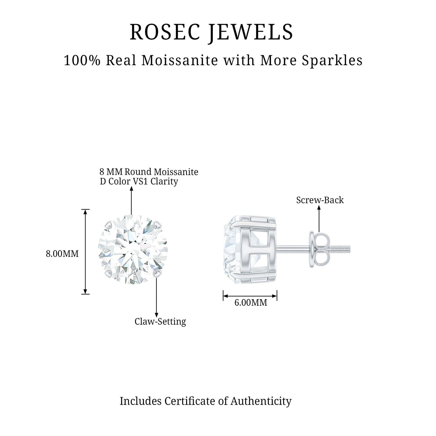 4.2 Carat Round Cut Moissanite Solitaire Stud Earrings