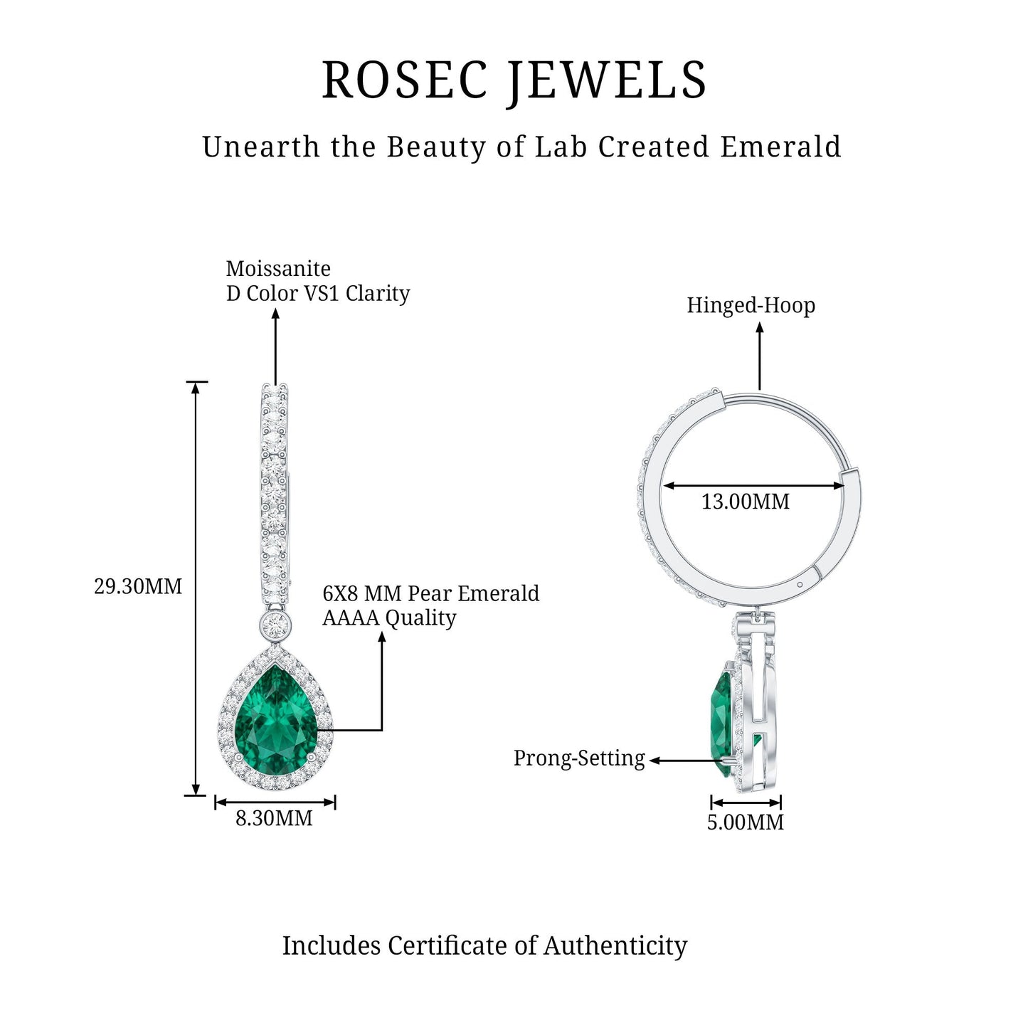 2 Carat Lab Created Emerald Teardrop Hoop Earrings with Moissanite