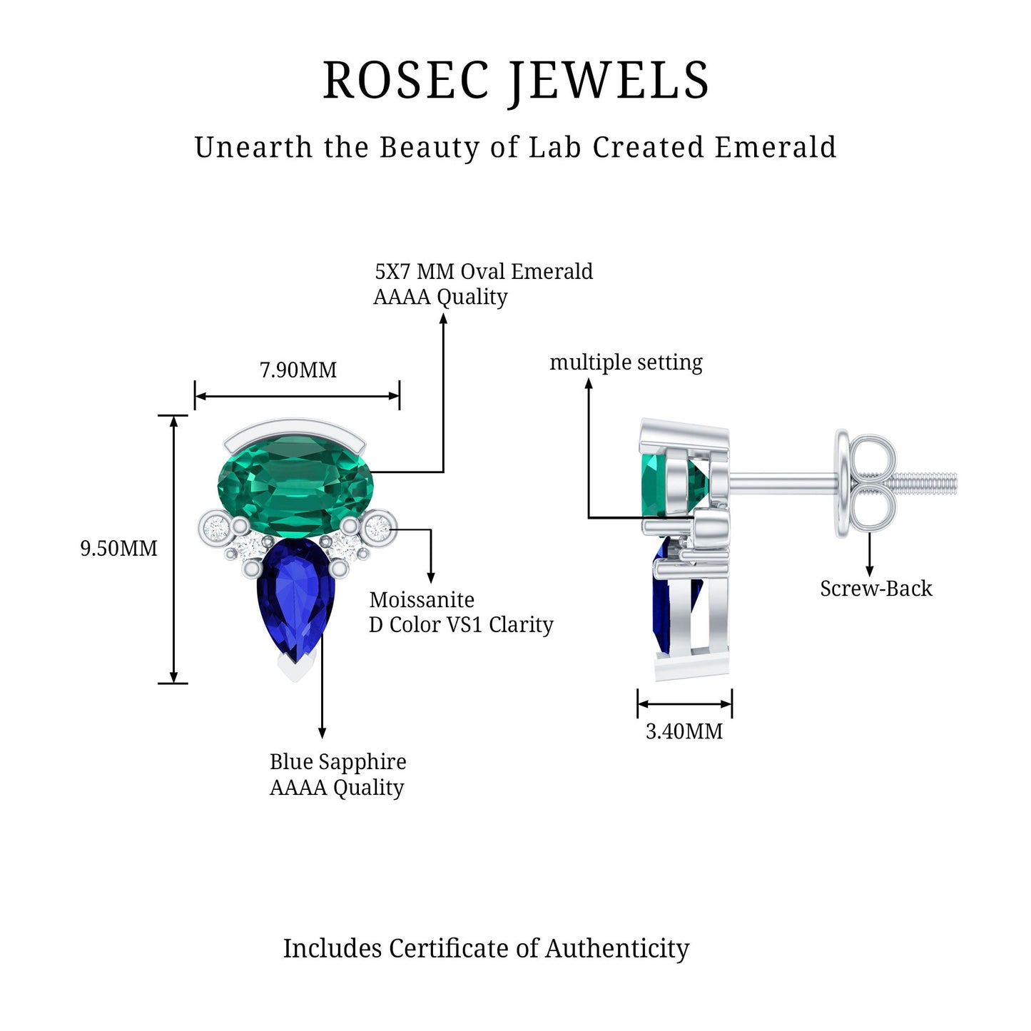 Lab Grown Emerald and Blue Sapphire Bridal Stud Earring with Certificate