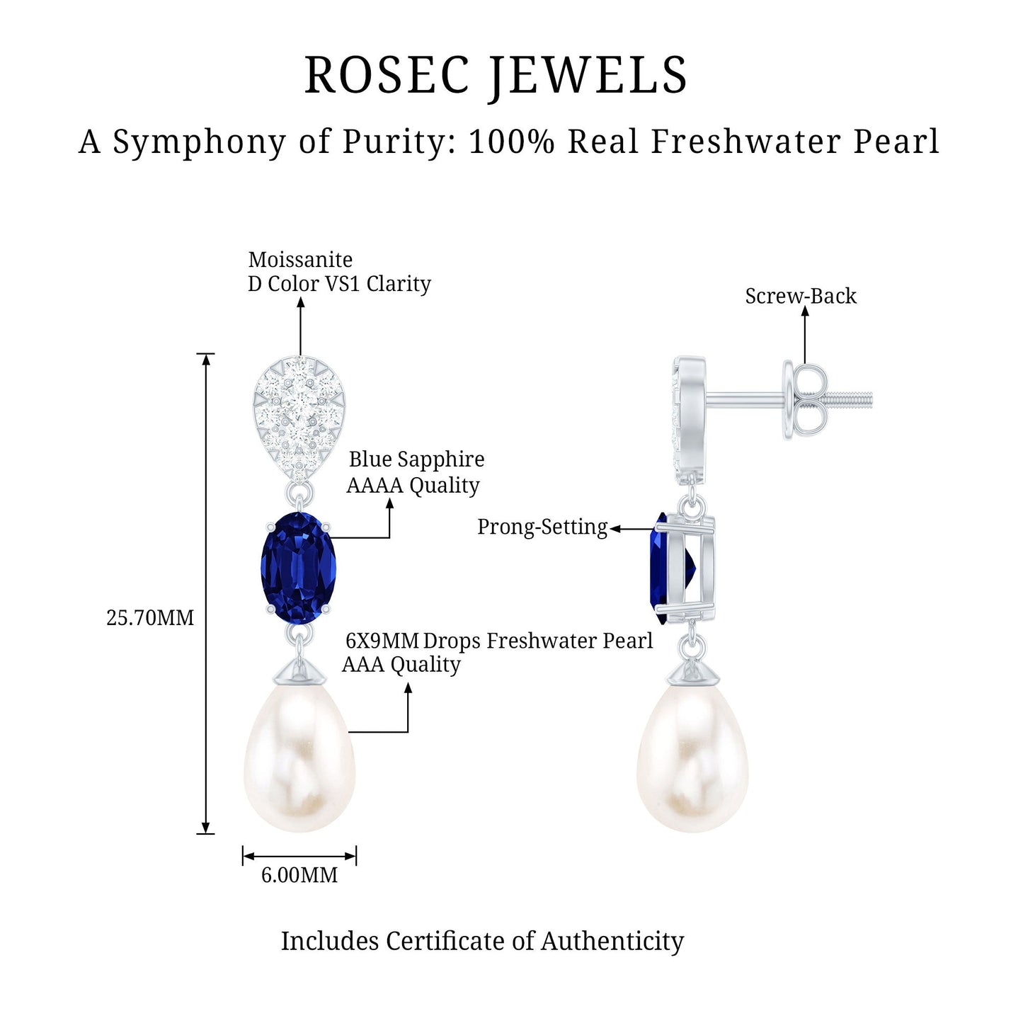 Teardrop Shape Freshwater Pearl Dangle Earrings with Lab Sapphire