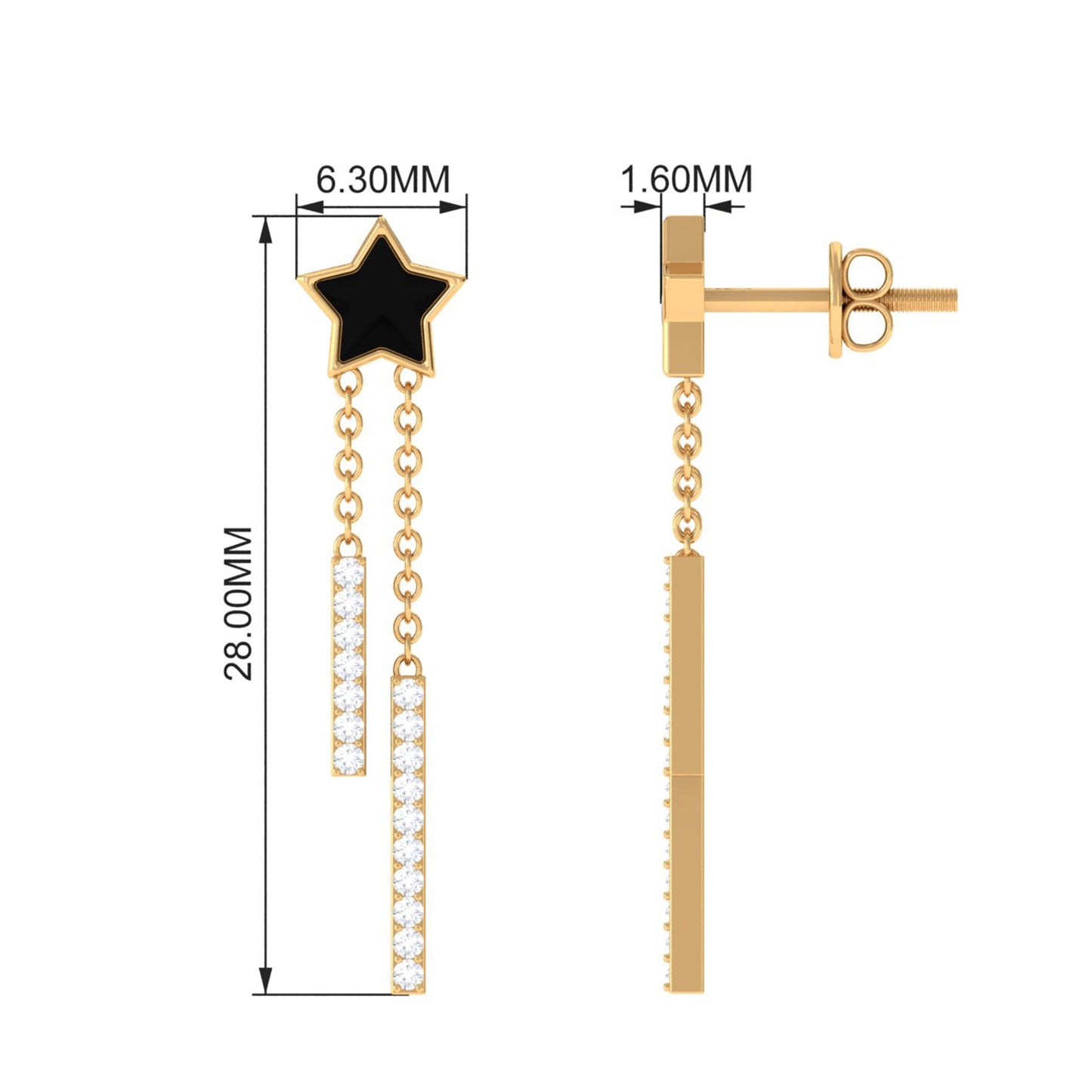 Moissanite Chain Star Dangle Earrings with Black Enamel