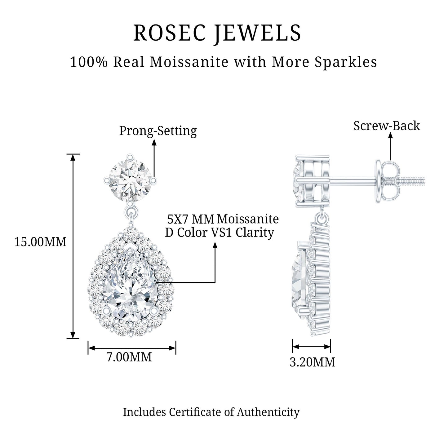 1.5 Carat Moissanite Bridal Dangle Earrings in Prong Setting