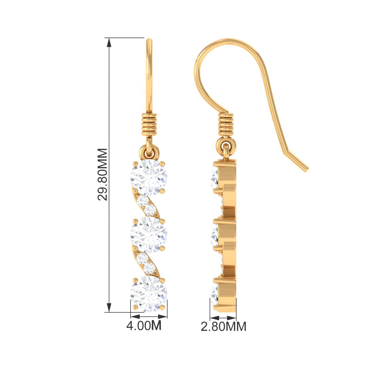 Round Moissanite Three Stone Dangle Drop Earrings