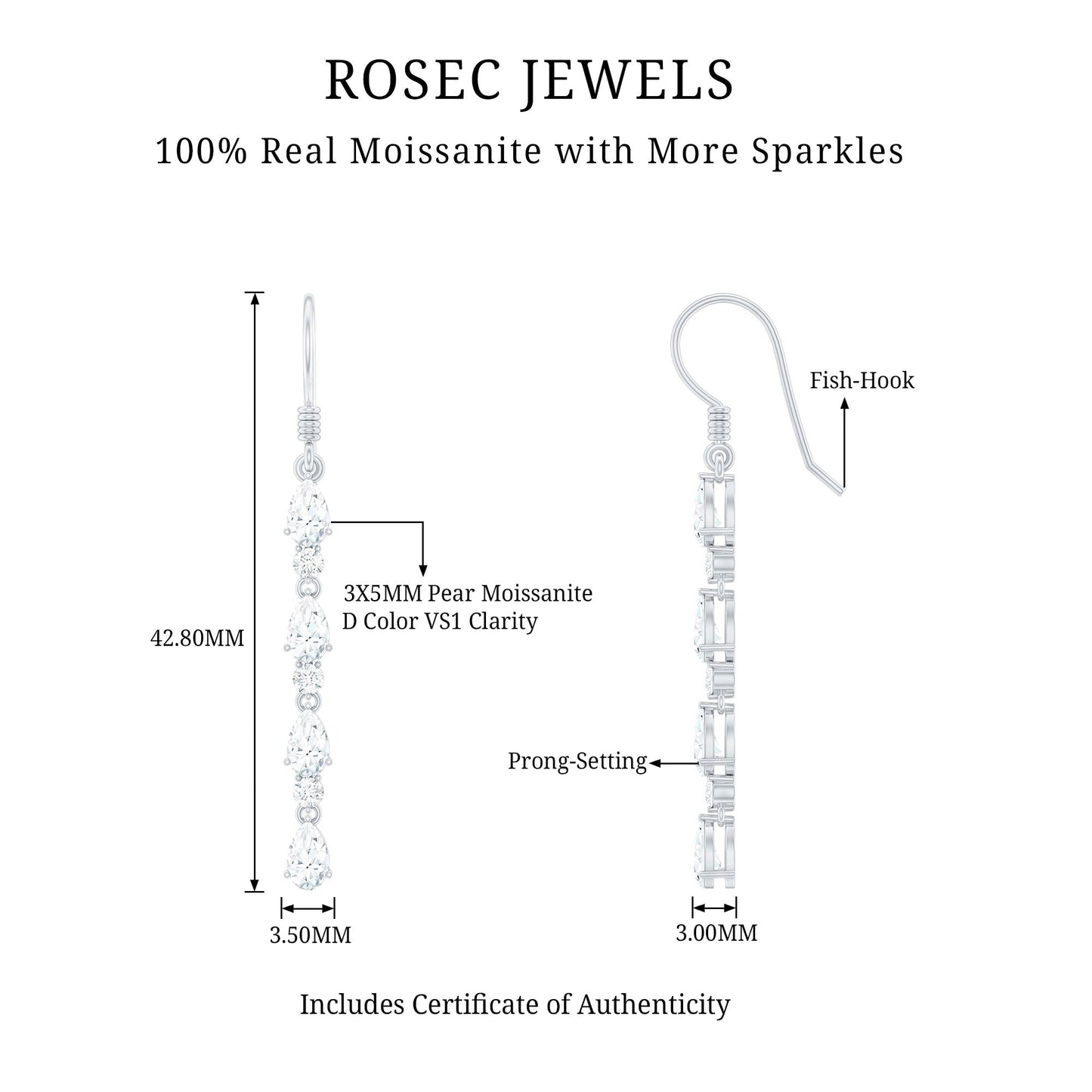 Pear and Round Cut Moissanite Dangle Earrings with Fish Hook