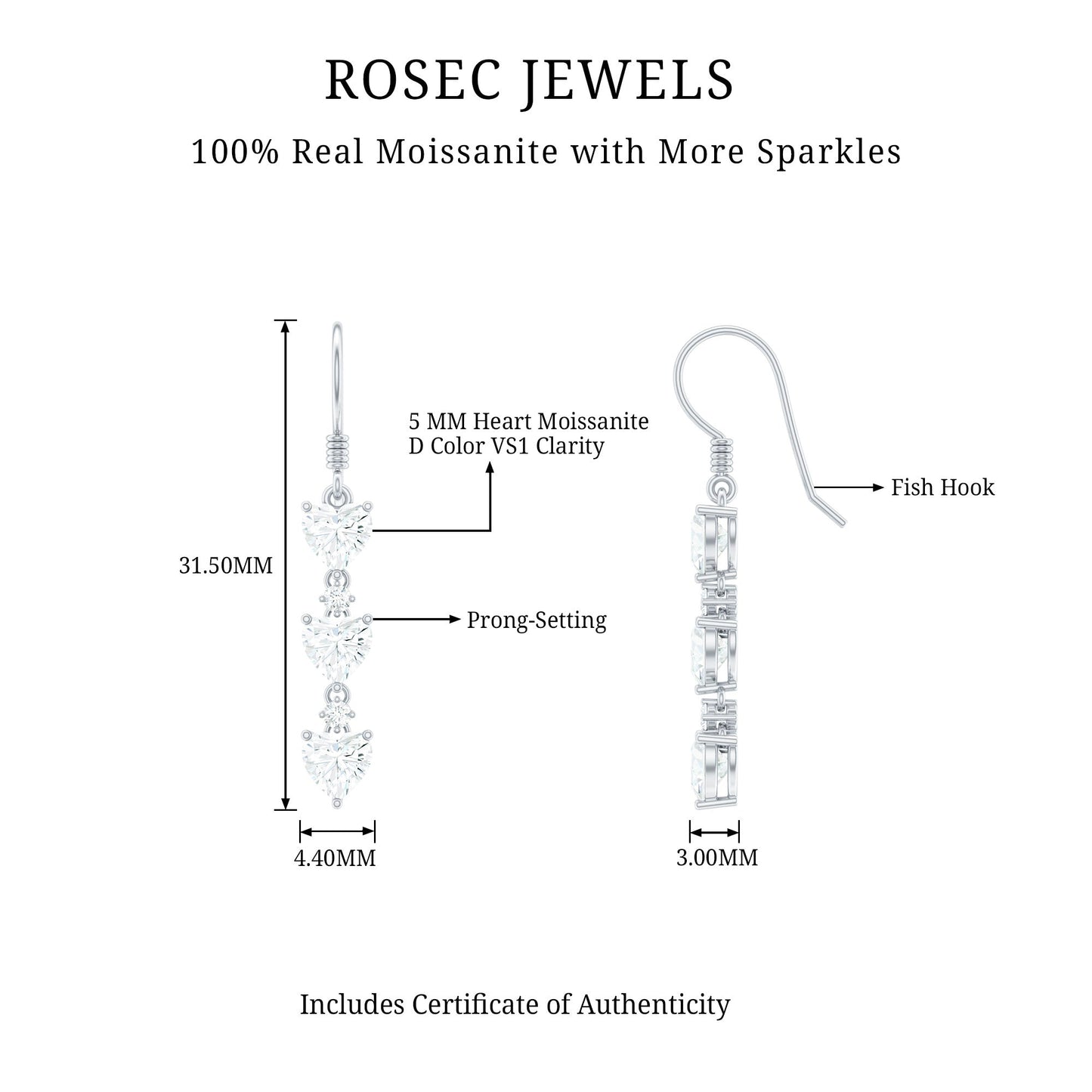 Heart and Round Shape Moissanite Dangle Earrings