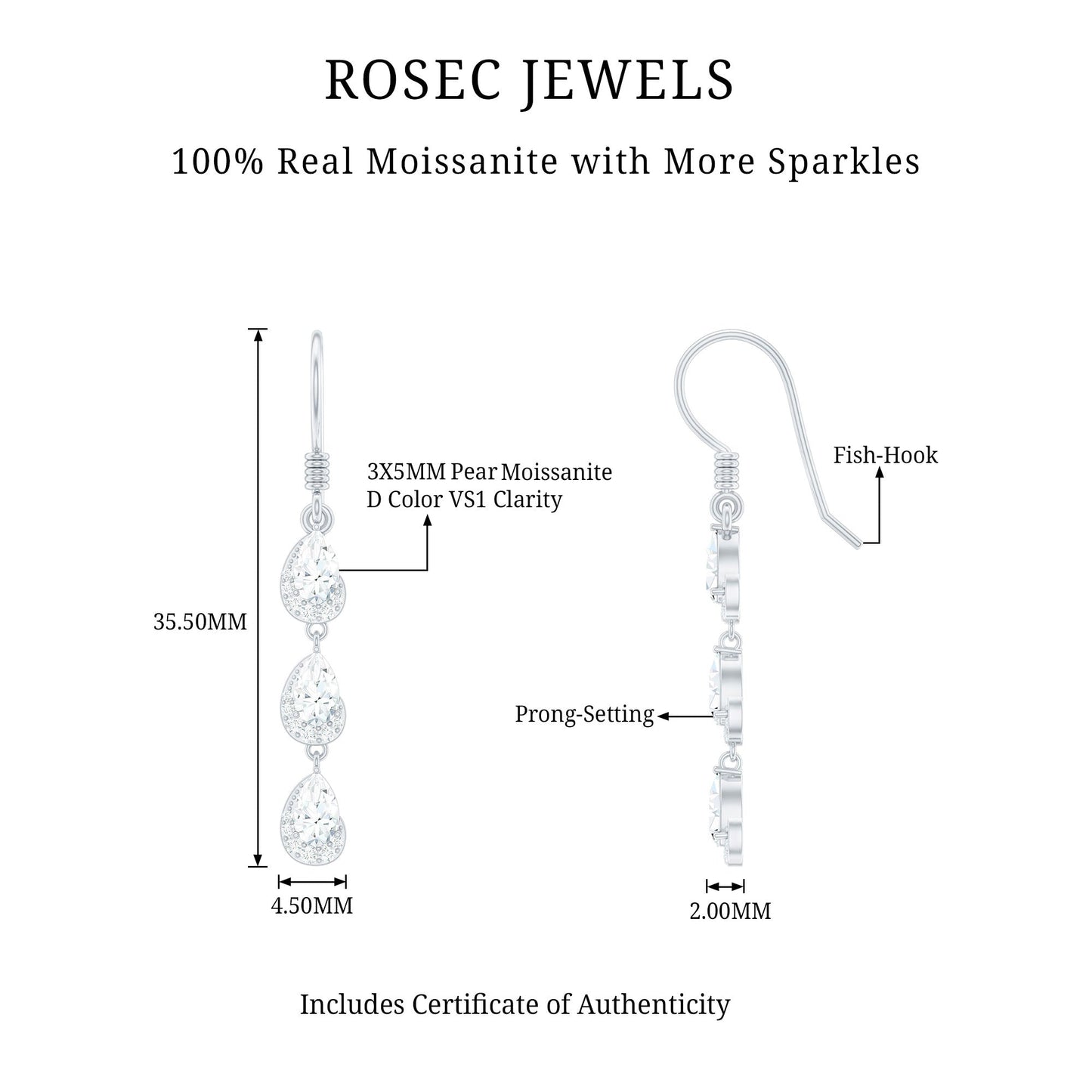 Certified Moissanite Dangling Wedding Earrings for Bride