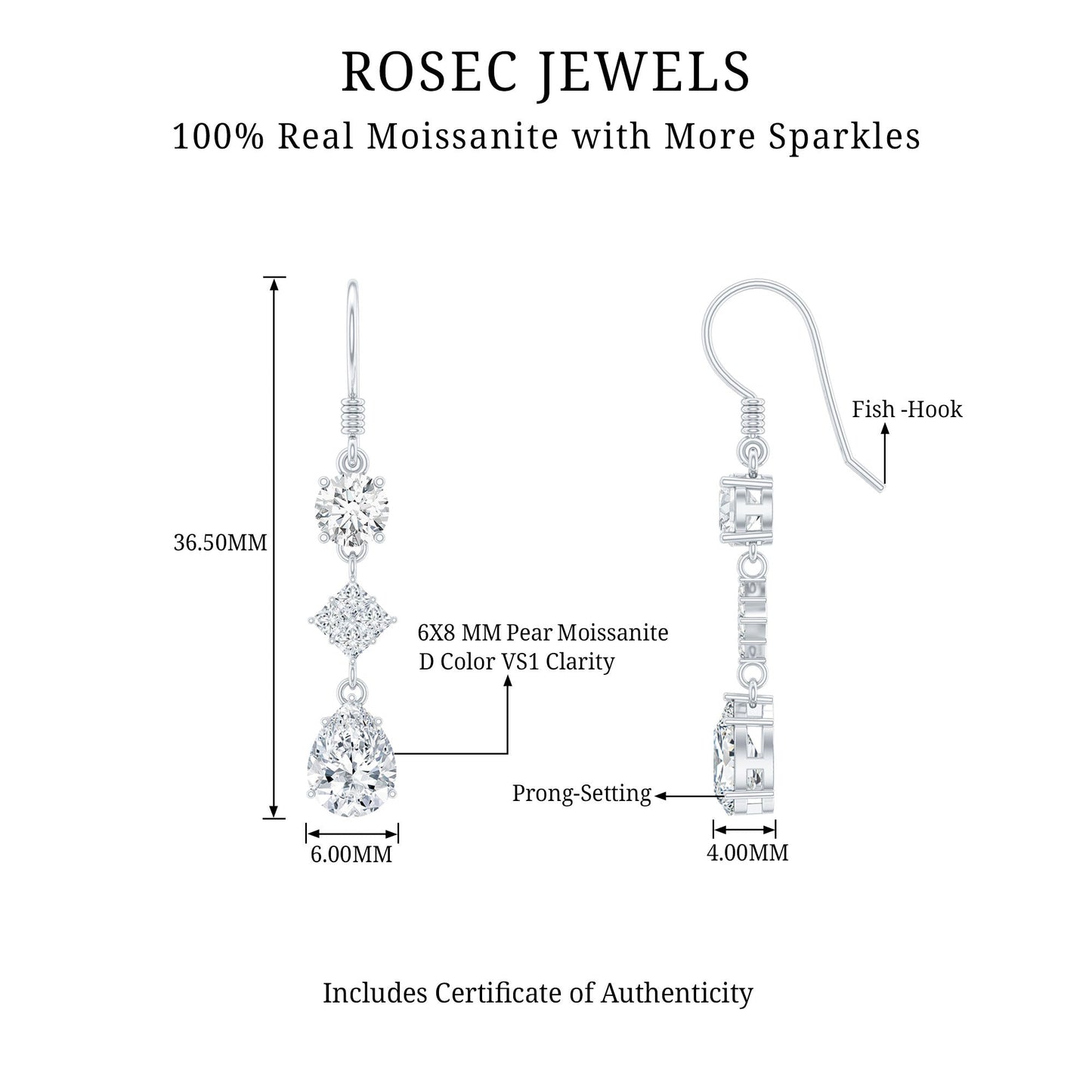 Certified Moissanite Bridal Dangle Earrings with Fish Hook