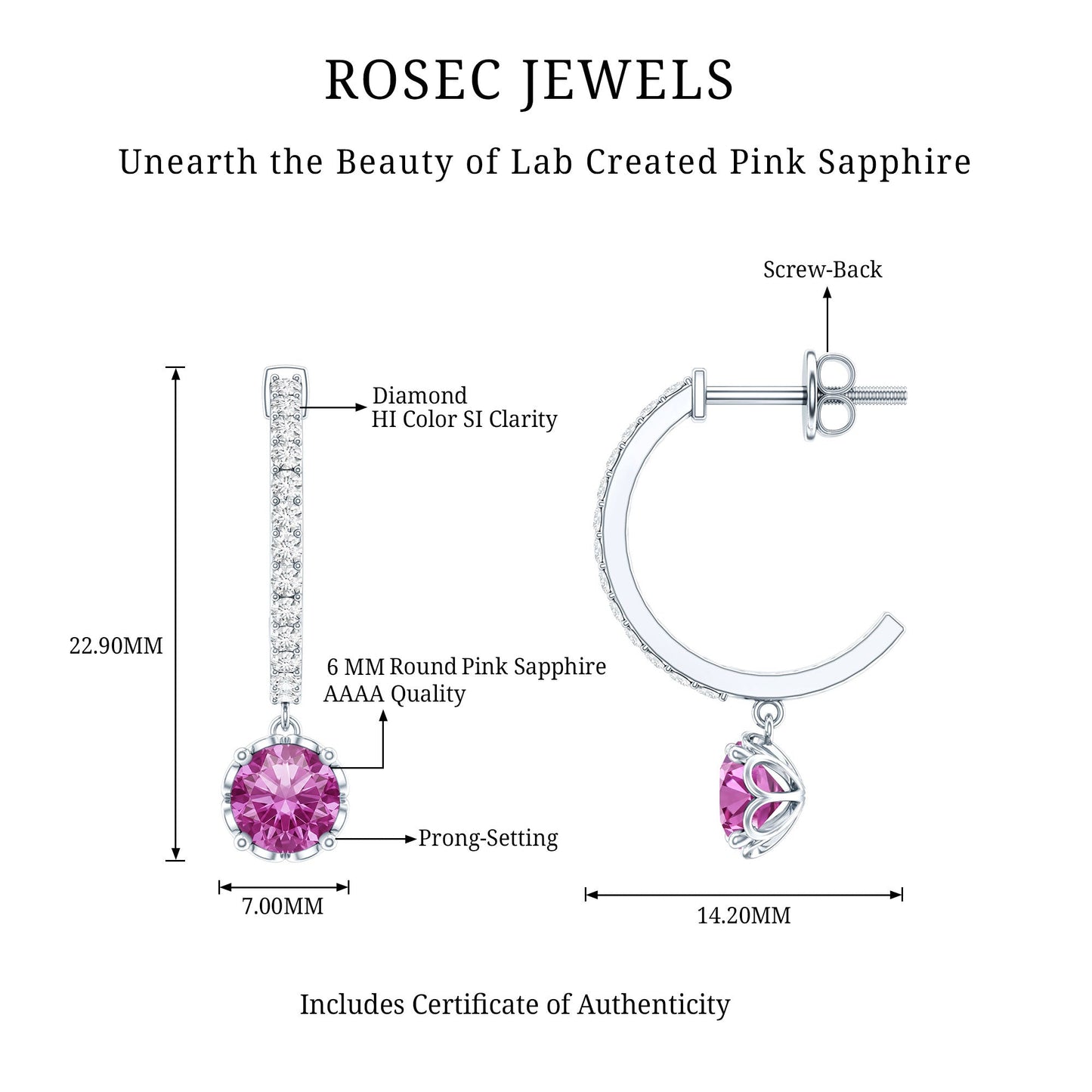 Lab Created Pink Sapphire and Diamond Hoop Drop Earrings