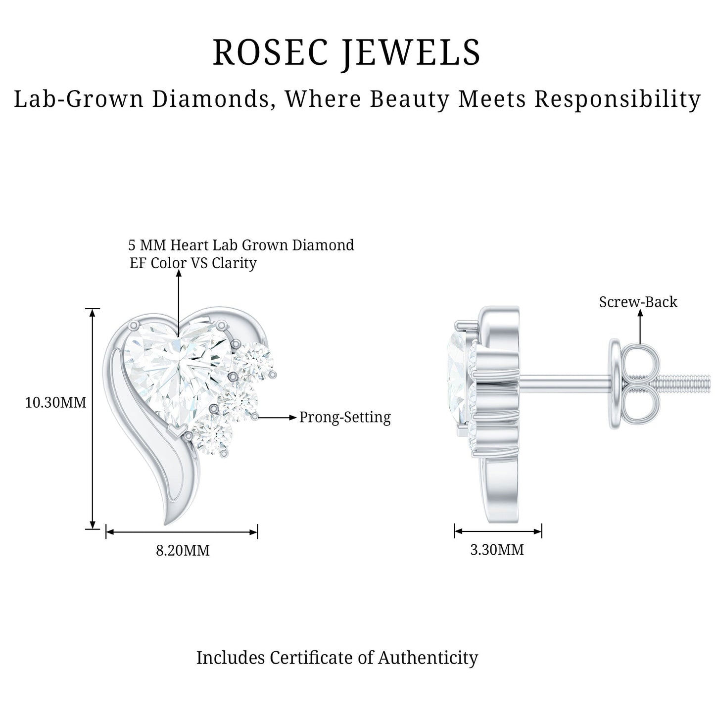 Heart Shape Lab Grown Diamond Minimal Stud Earrings with Screw Back