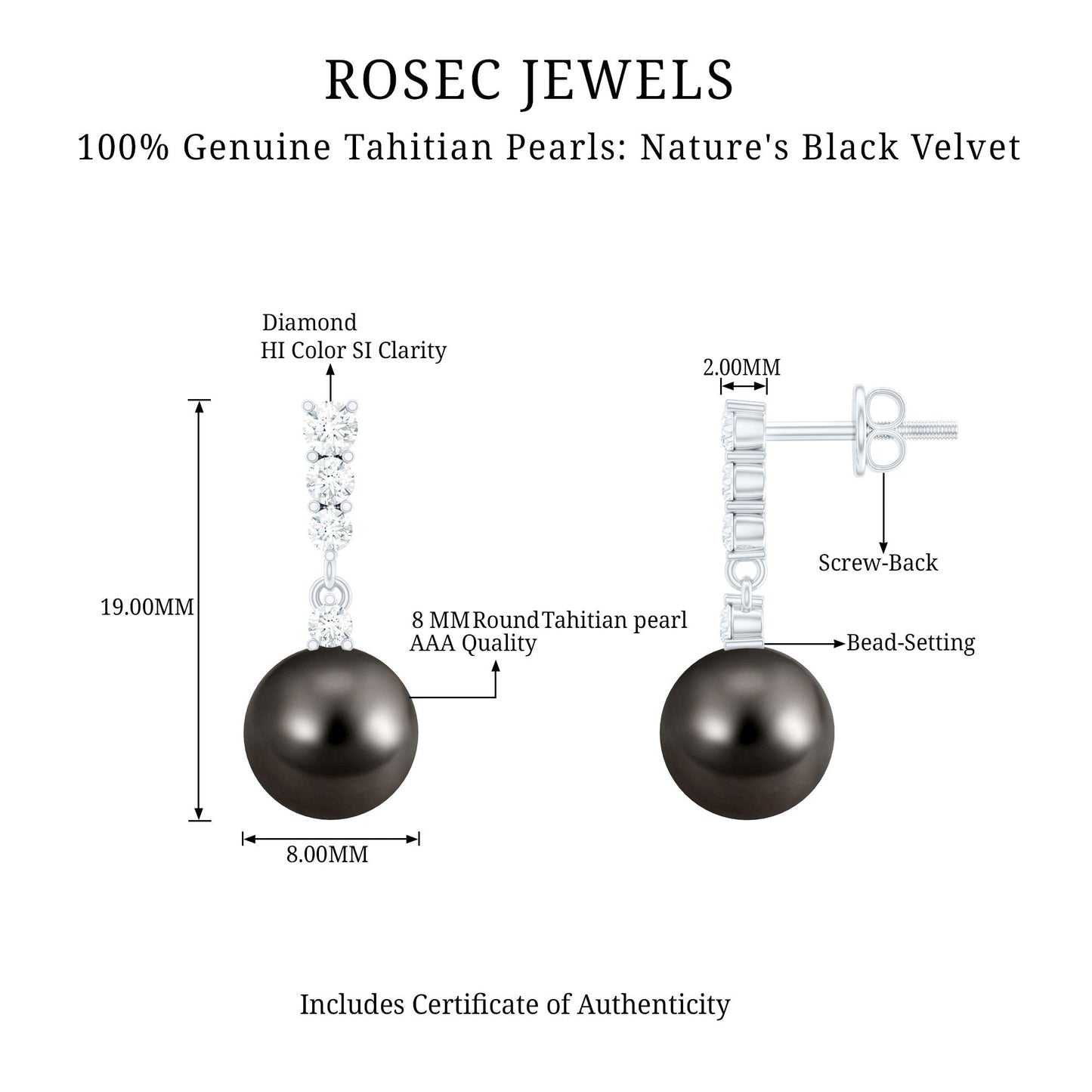 Certified Tahitian Black Pearl Drop Earrings with Diamonds