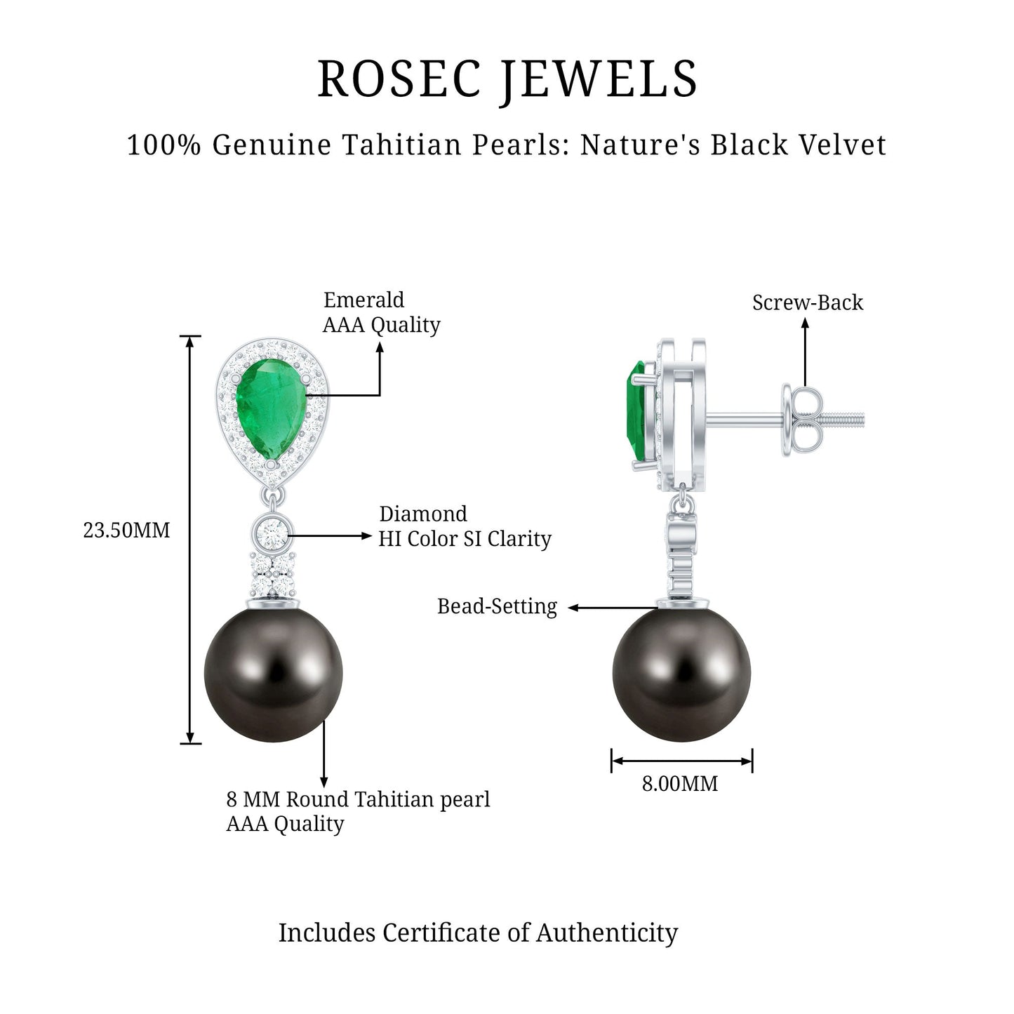 Genuine Black Pearl Wedding Earrings with Emerald and Diamond