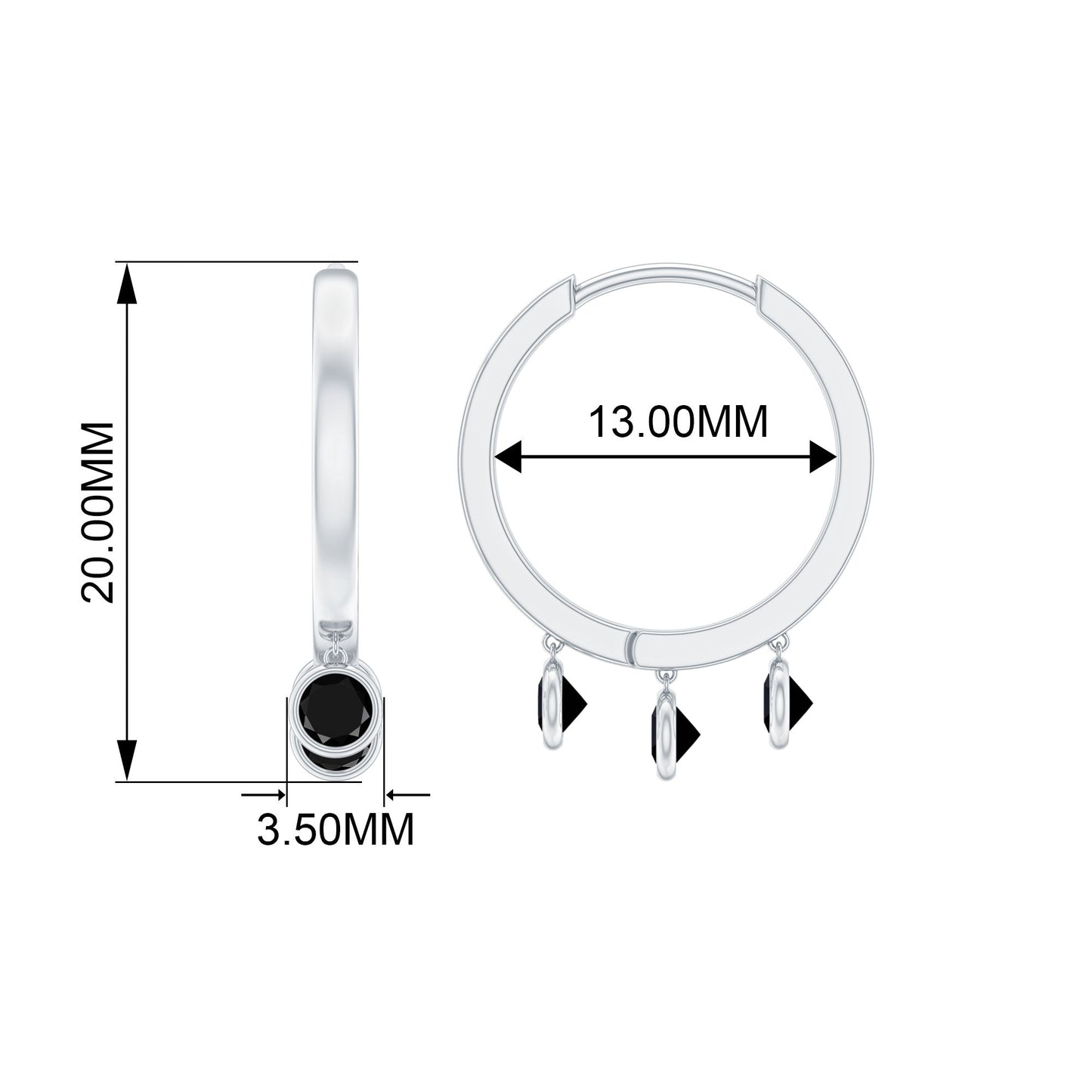 Three Stone Created Black Diamond Hoop Drop Earrings in Bezel Setting