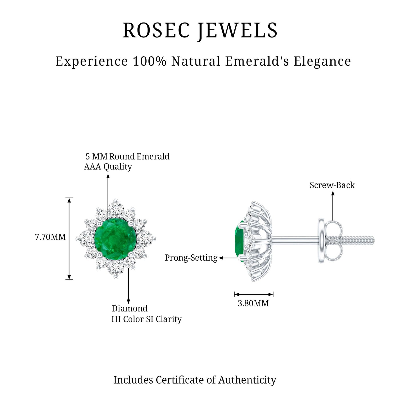 Real Emerald Stud Earrings with Diamond Halo