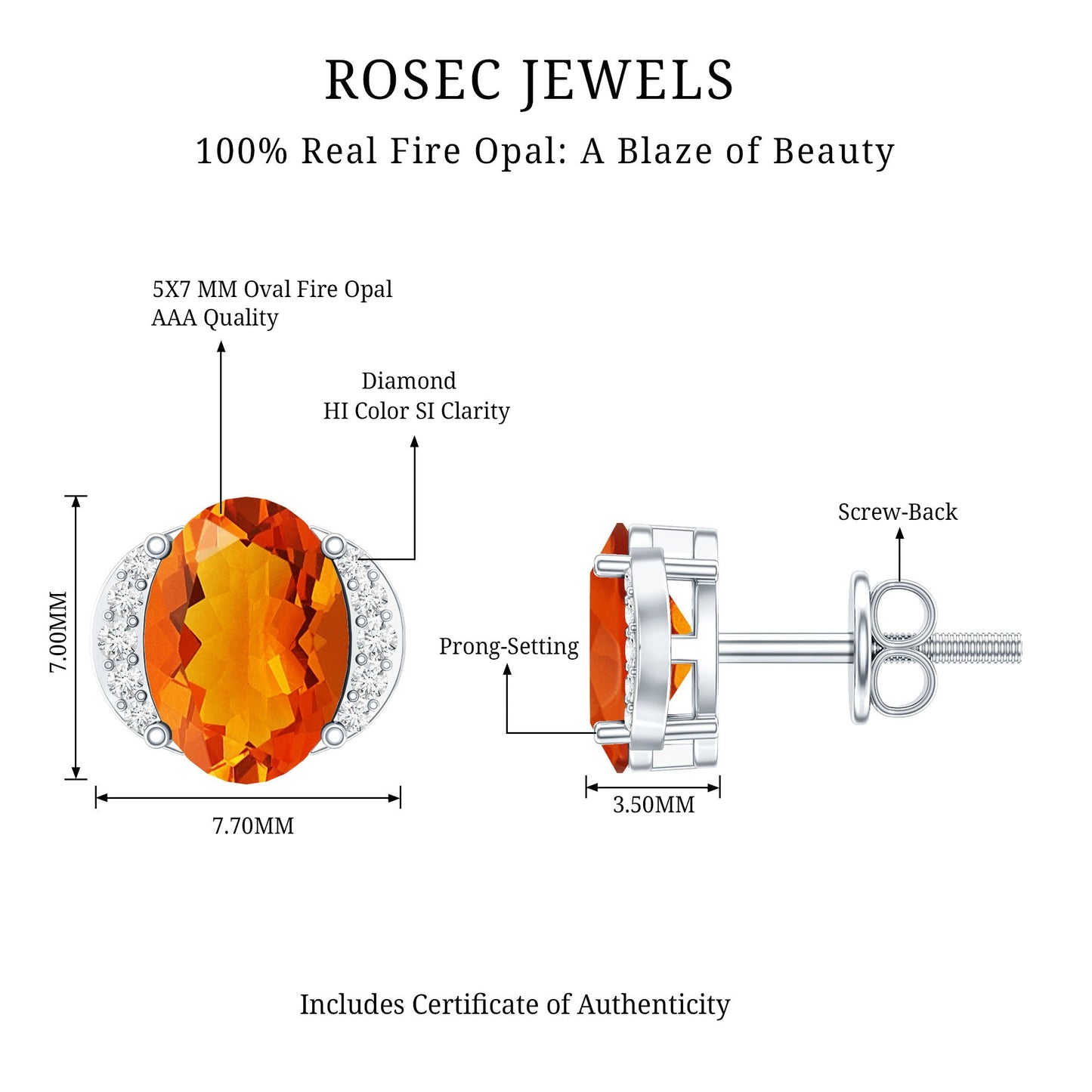 Orange Fire Opal Solitaire Stud Earrings with Diamond