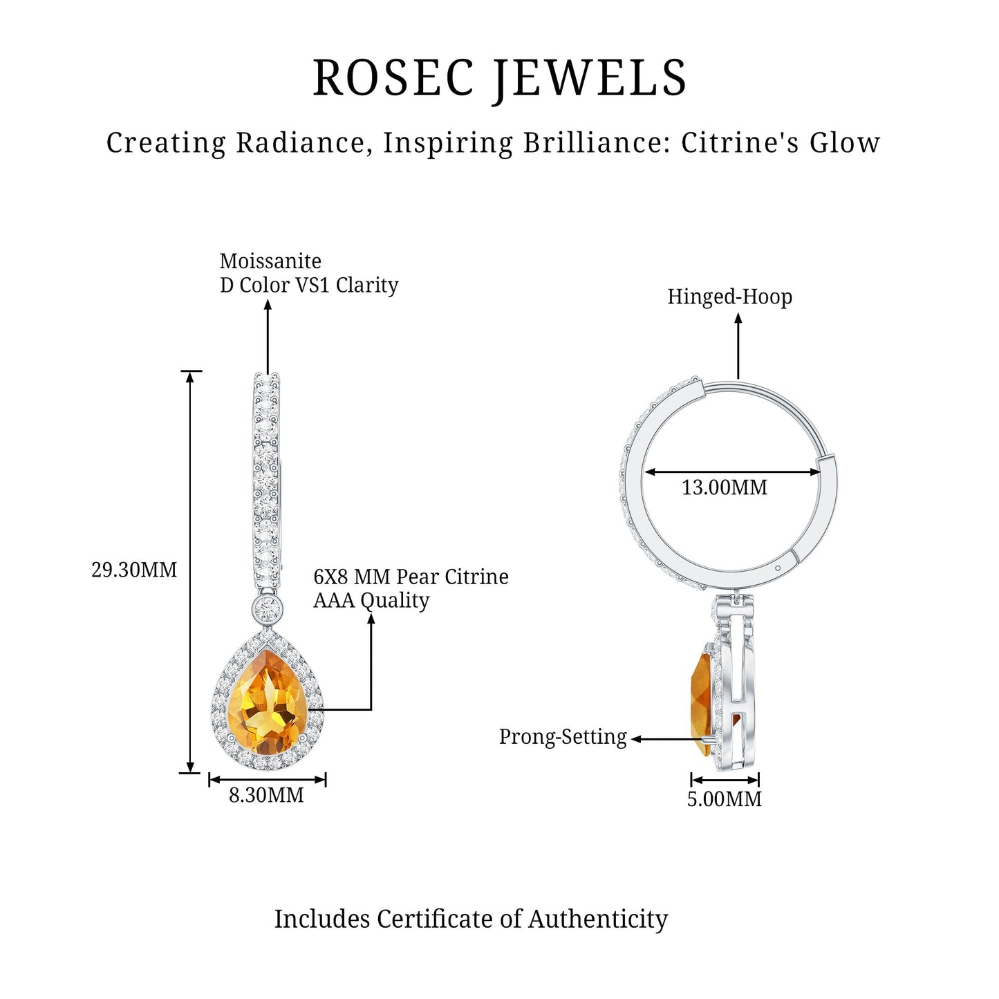 Natural Citrine Teardrop Earrings with Hinged Hoop