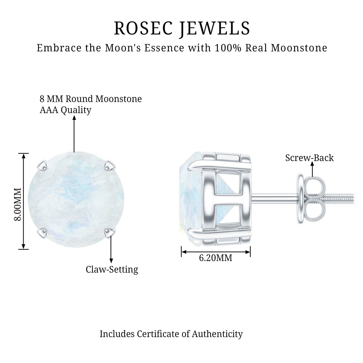 Claw Set Solitaire Moonstone Stud Earrings